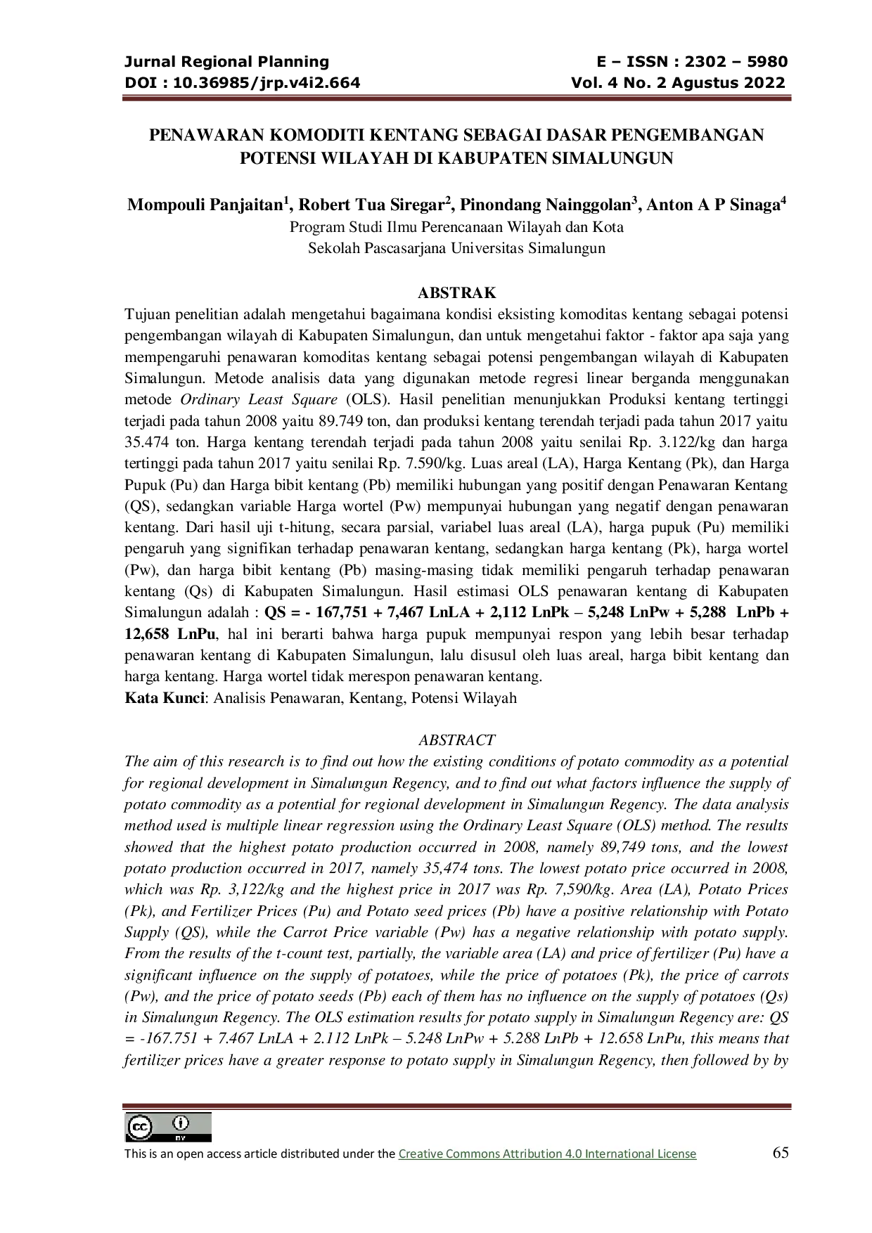 JURIS Penawaran Komoditi Kentang Sebagai Dasar Pengembangan Potensi Wilayah Di Kabupaten Simalungun