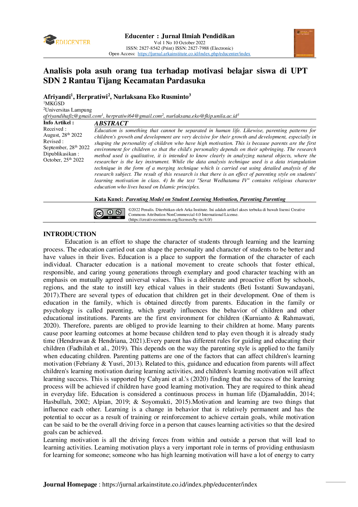 JURIS Analisis pola asuh orang tua terhadap motivasi belajar siswa di UPT SDN 2 Rantau Tijang Kecamatan Pardasuka