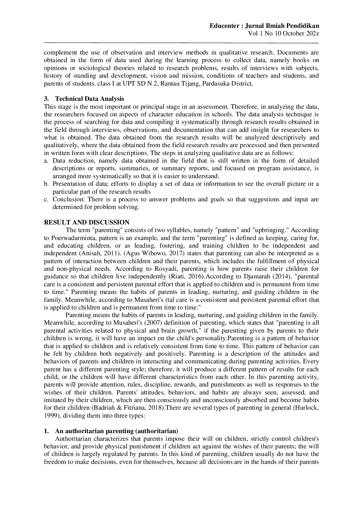 JURIS Analisis pola asuh orang tua terhadap motivasi belajar siswa di UPT SDN 2 Rantau Tijang Kecamatan Pardasuka