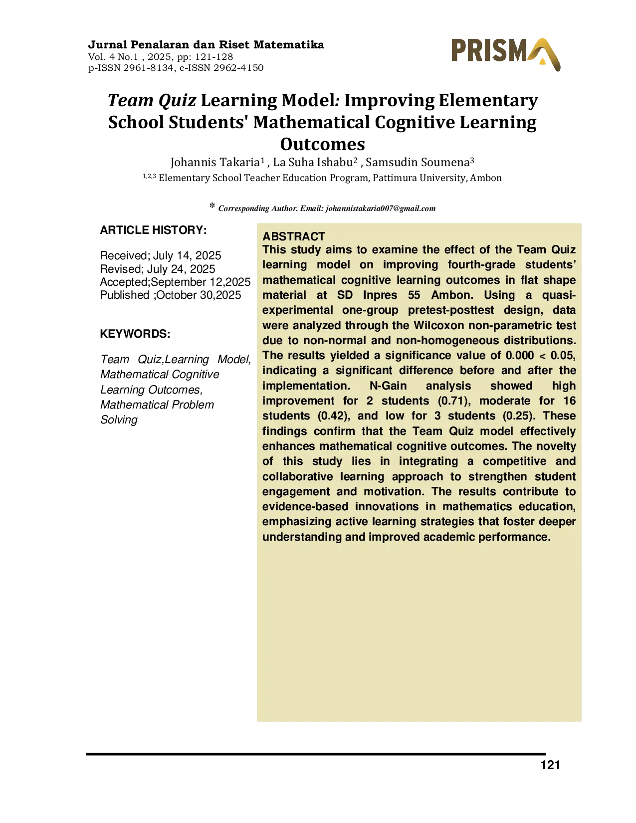 JURIS Team Quiz Learning Model Improving Elementary School Students Mathematical Cognitive Learning Outcomes