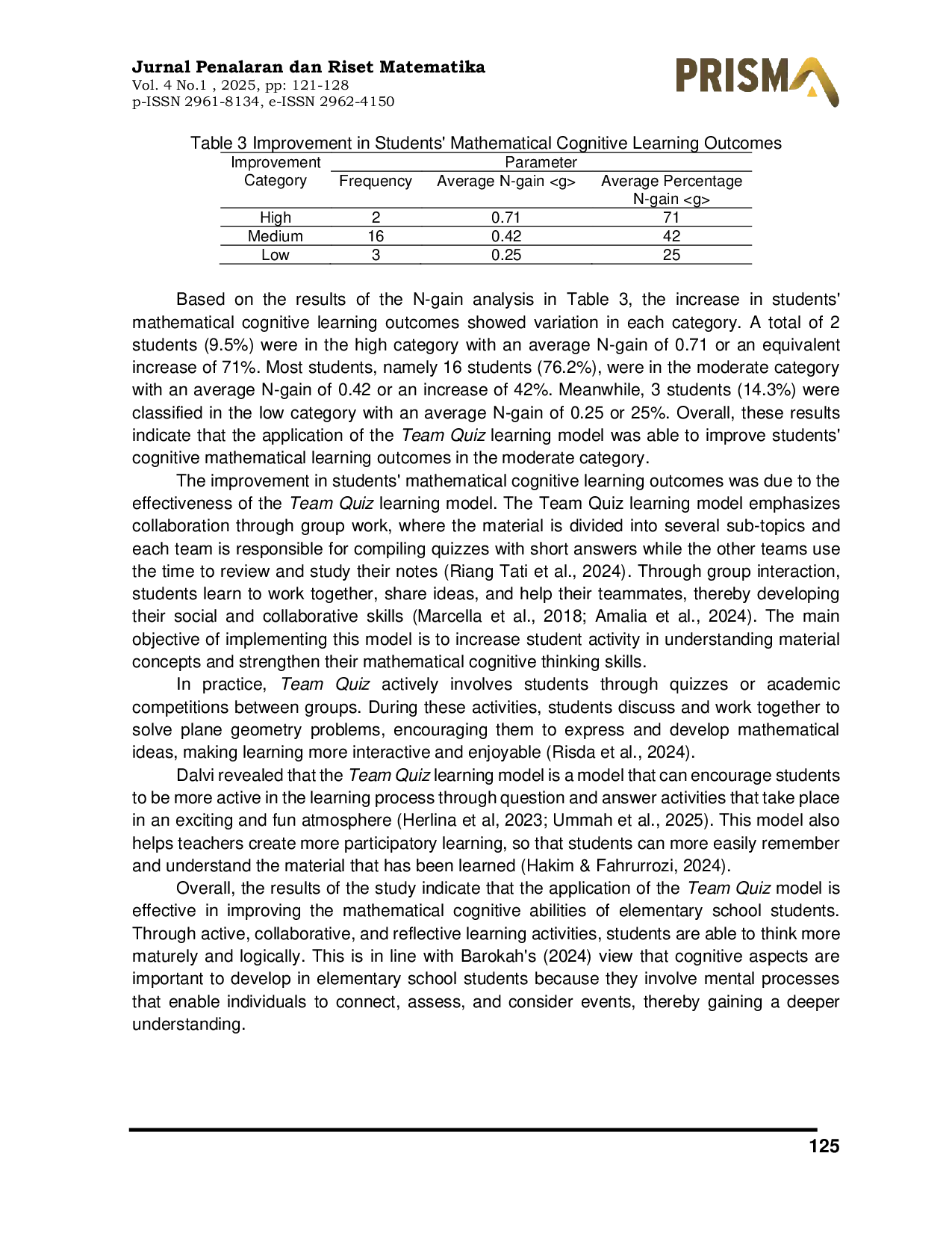 JURIS Team Quiz Learning Model Improving Elementary School Students Mathematical Cognitive Learning Outcomes