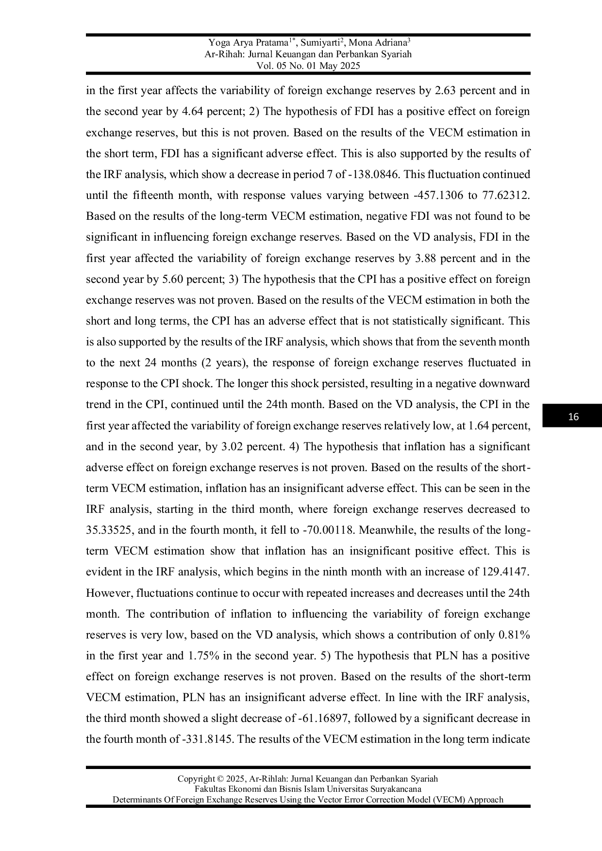 JURIS DETERMINANTS OF FOREIGN EXCHANGE RESERVES USING THE VECTOR ERROR CORRECTION MODEL VECM APPROACH