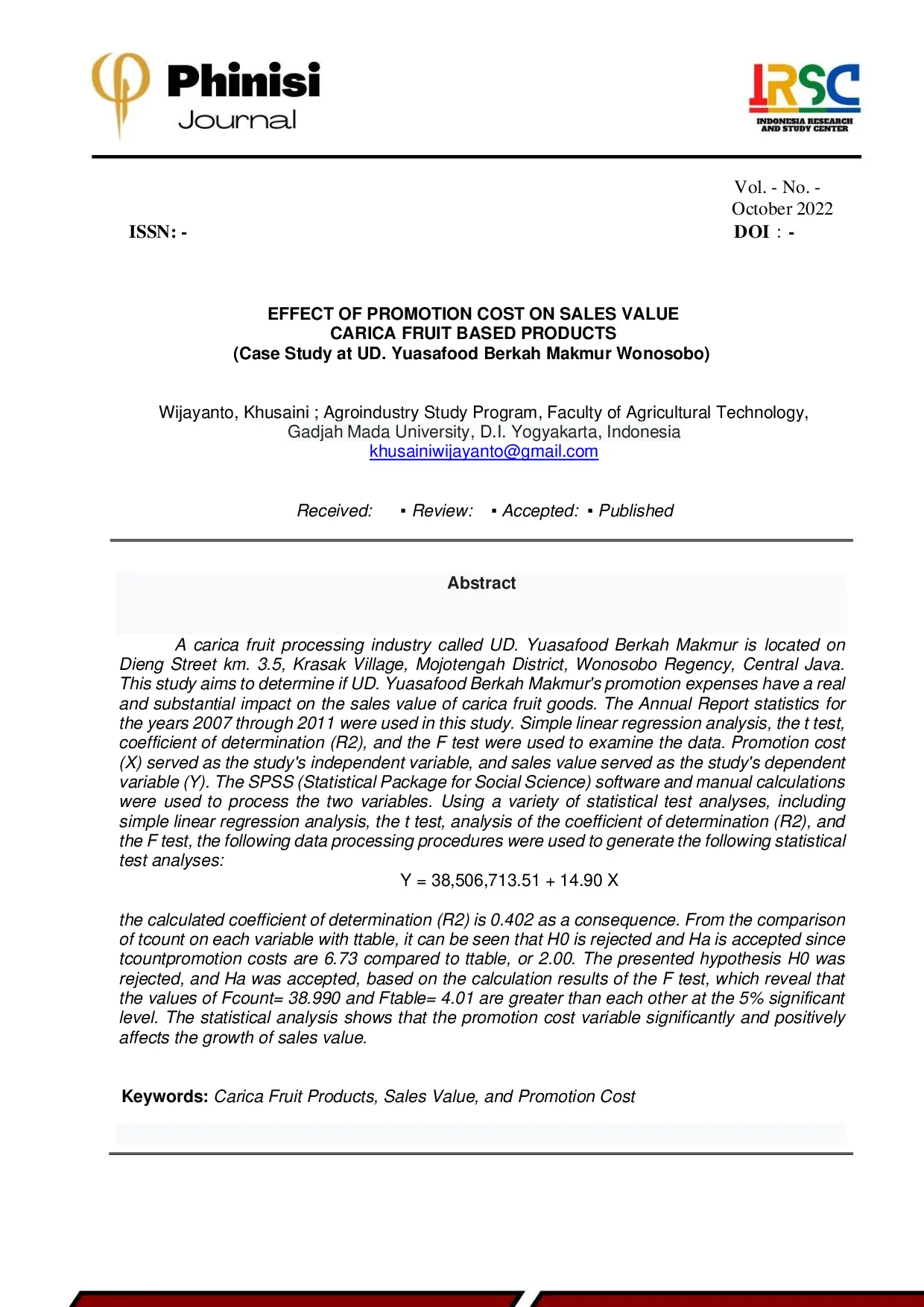 juris Effect of promotion cost on sales value carica fruit based products case study at Yuasafood Berkah Makmur Wonosobo