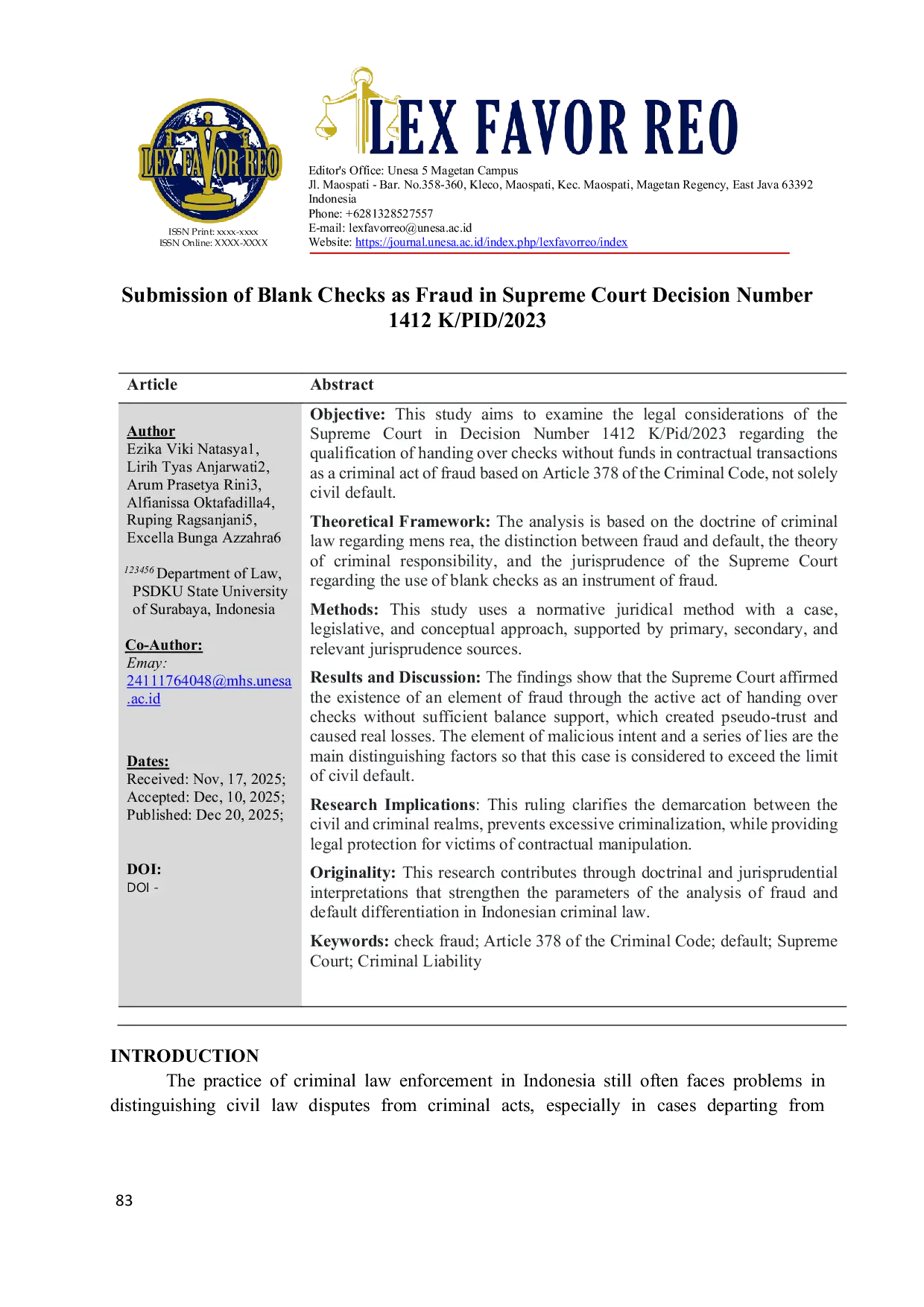 JURIS Submission of Blank Checks as Fraud in Supreme Court Decision Number 1412 K PID 2023