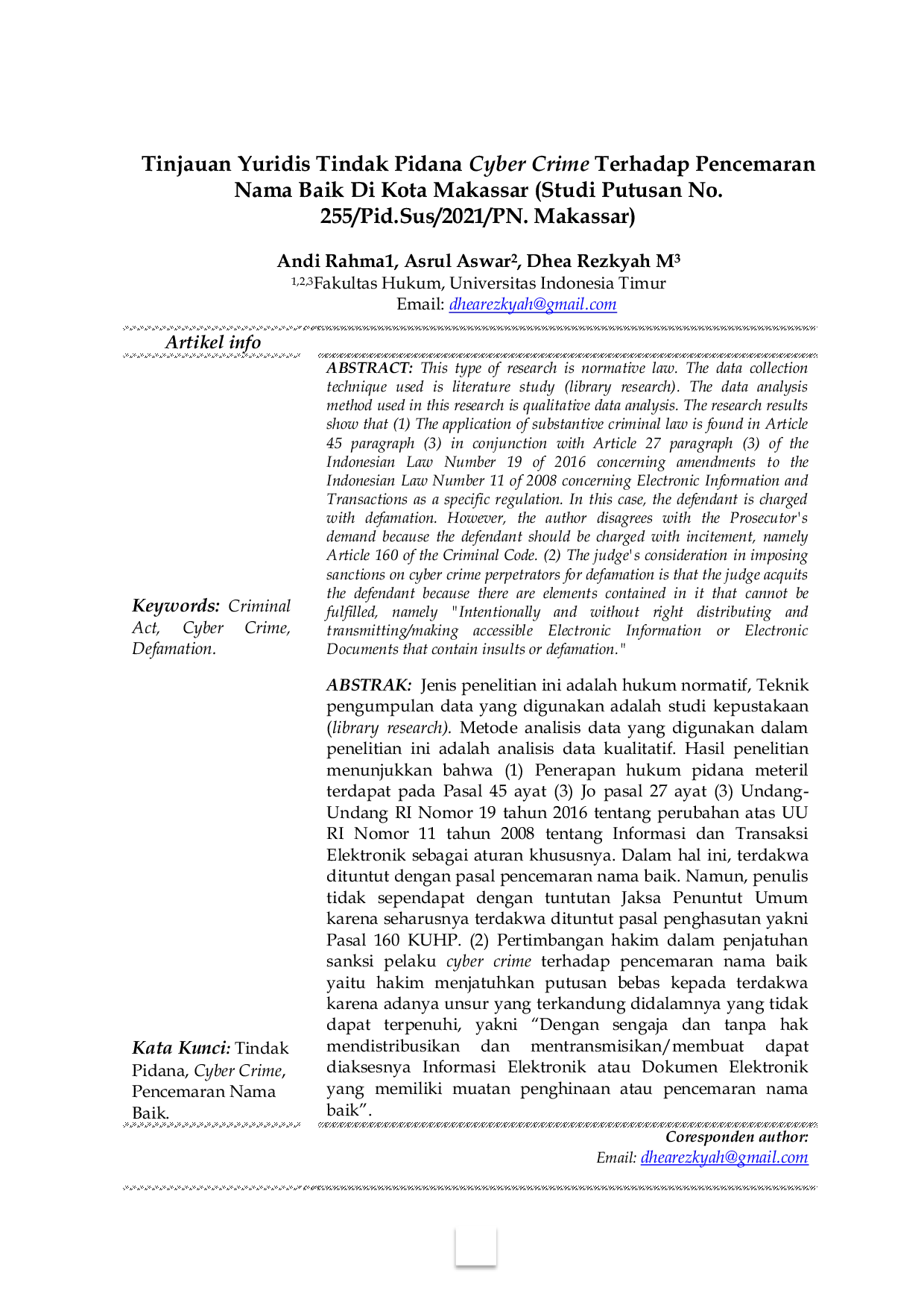 JURIS Tinjauan Yuridis Tindak Pidana Cyber Crime Terhadap Pencemaran Nama Baik Di Kota Makassar Studi PutusanNo 255 Pid Sus 2021 PN Mks