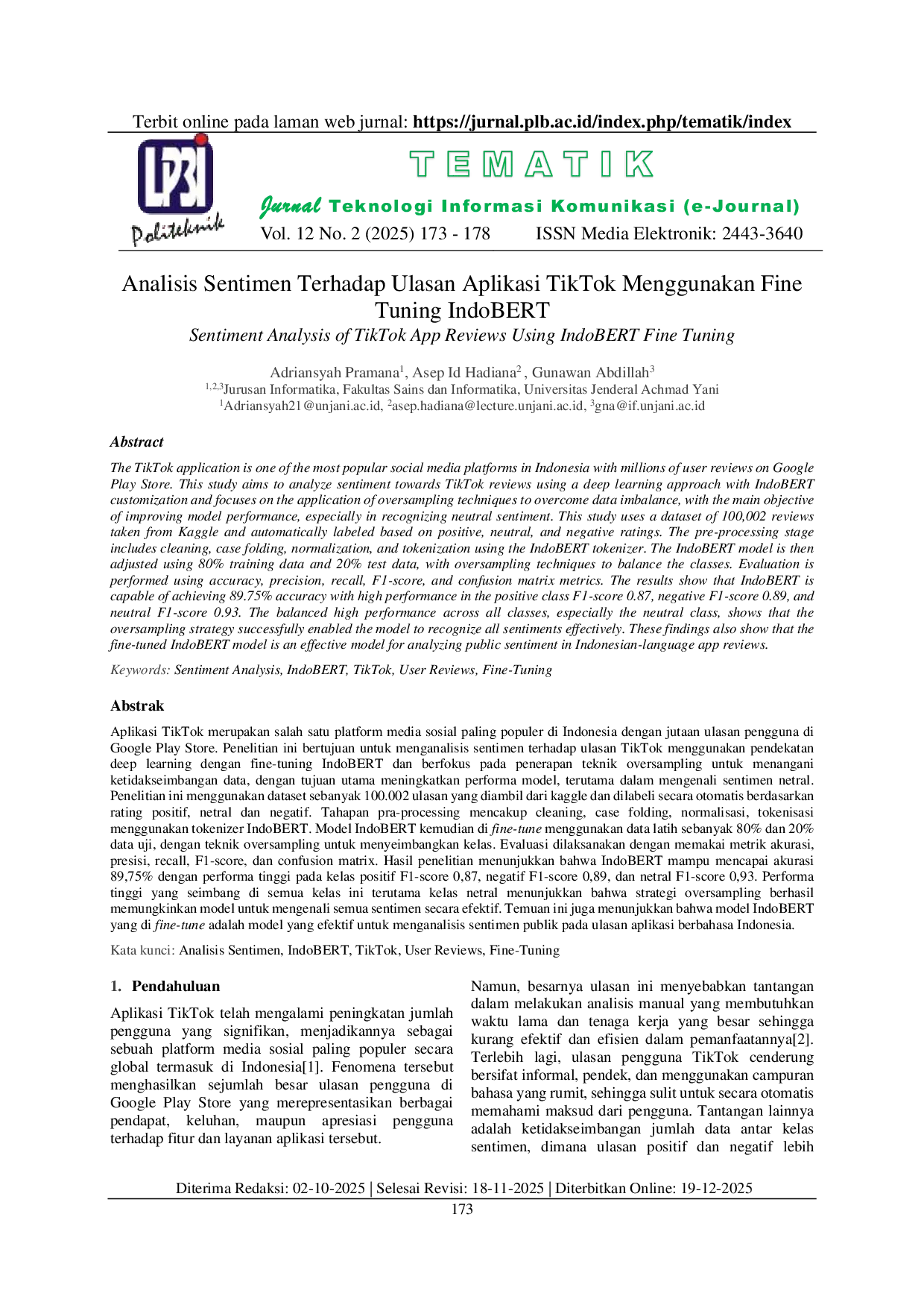 JURIS Analisis Sentimen Terhadap Ulasan Aplikasi TikTok menggunakan Fine Tuning IndoBERT