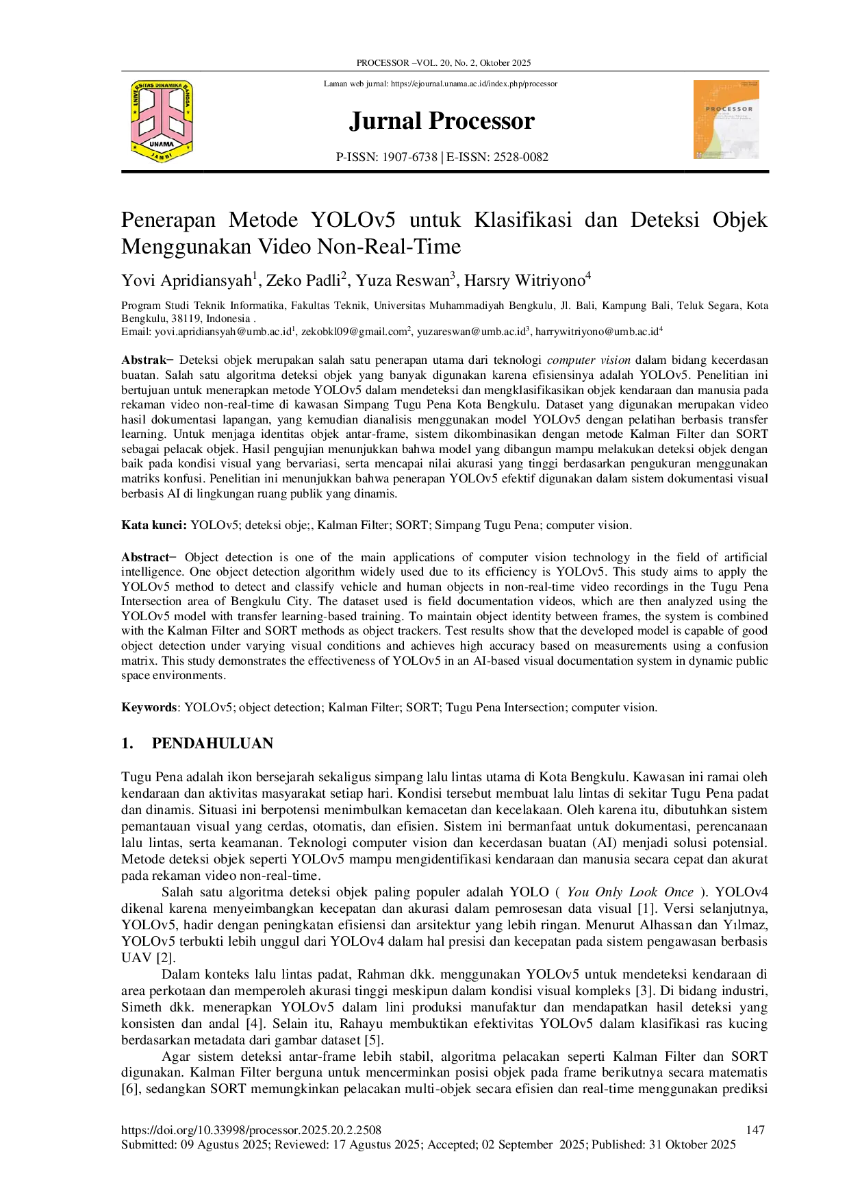 JURIS Penerapan Metode YOLOv5 untuk Klasifikasi dan Deteksi Objek Menggunakan Video Non Real Time