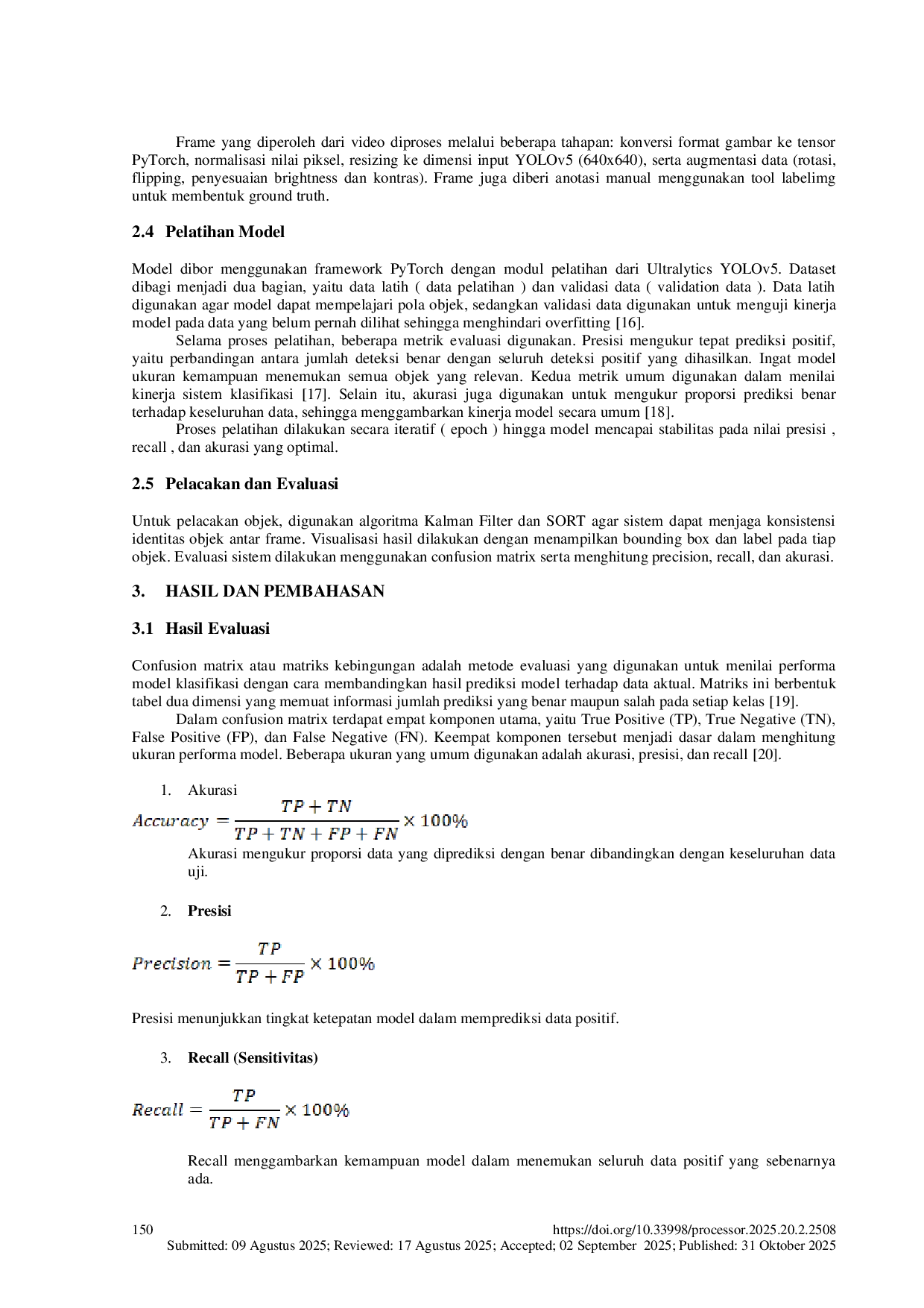 JURIS Penerapan Metode YOLOv5 untuk Klasifikasi dan Deteksi Objek Menggunakan Video Non Real Time