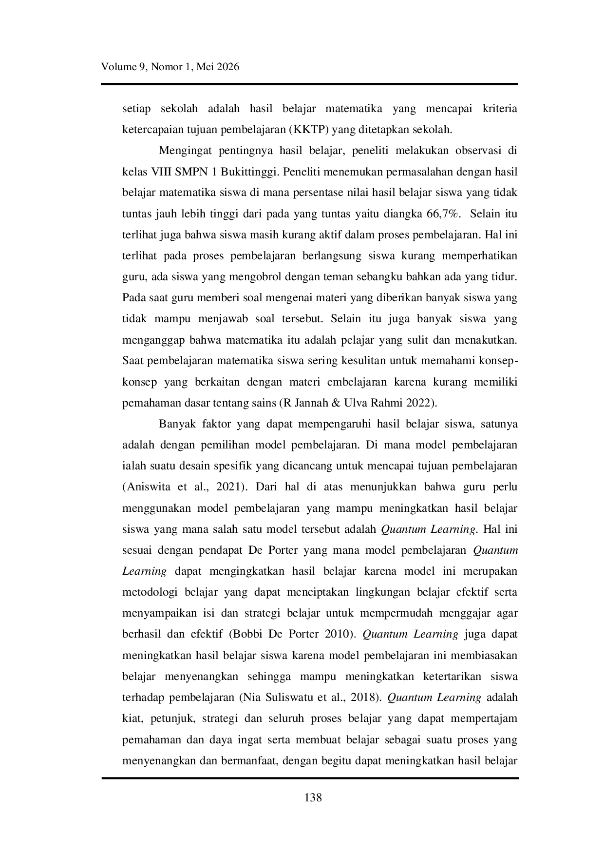 JURIS Pengaruh Penerapan Model Pembelajaran Quantum Learning Terhadap Hasil Belajar Siswa Kelas VIII SMPN 1 Bukittinggi