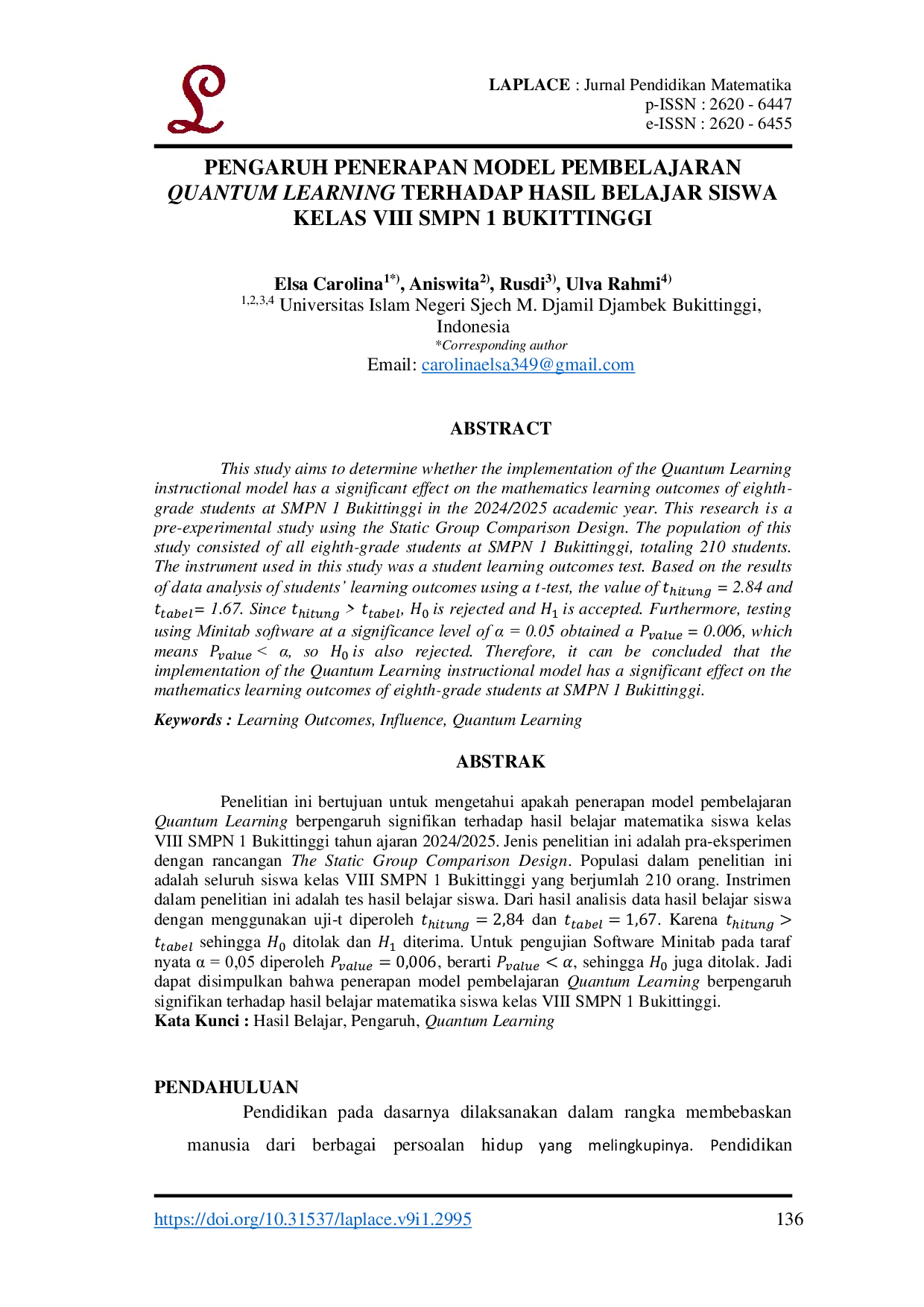 JURIS Pengaruh Penerapan Model Pembelajaran Quantum Learning Terhadap Hasil Belajar Siswa Kelas VIII SMPN 1 Bukittinggi