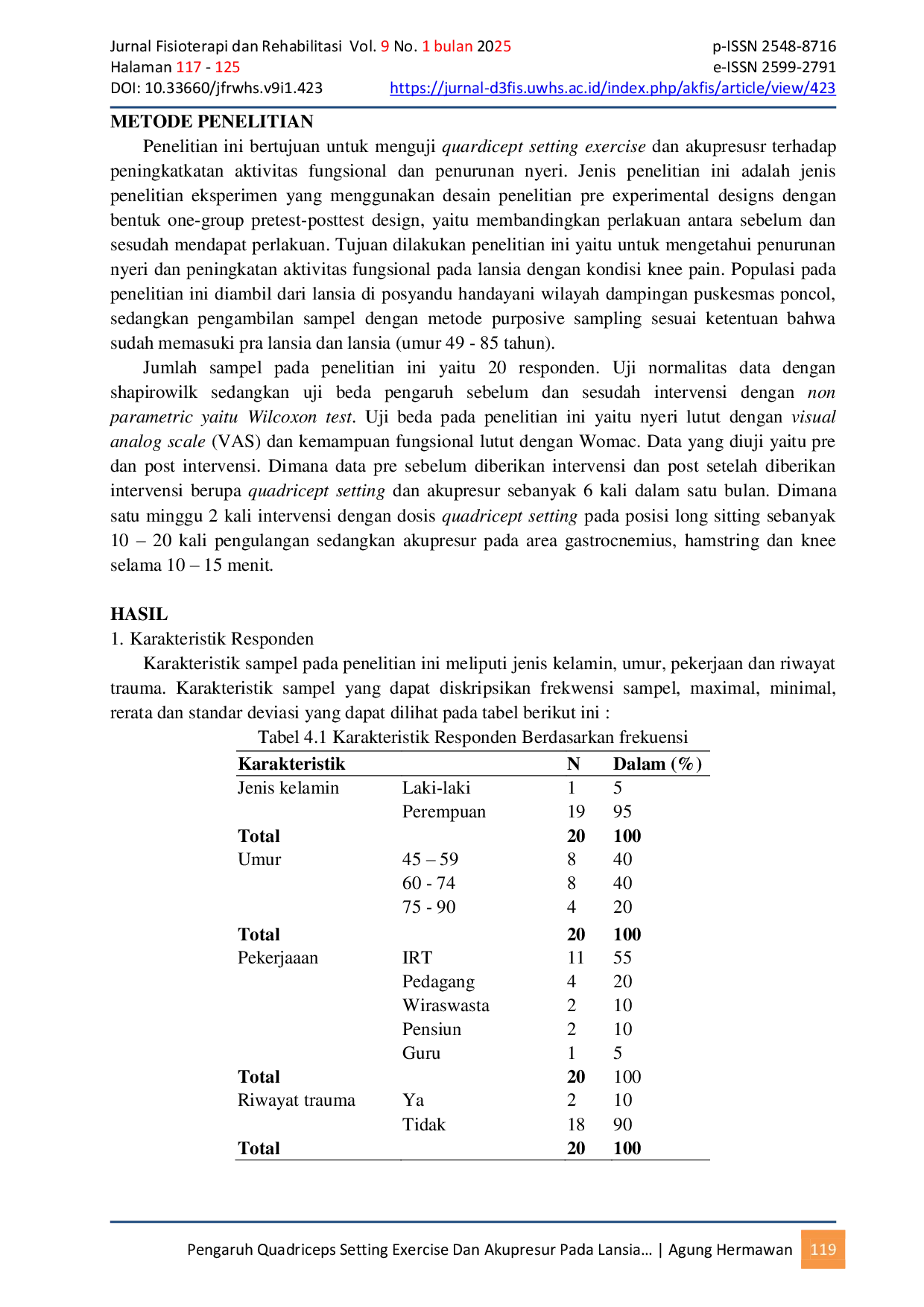 JURIS Pengaruh Quadriceps Setting Exercise Dan Akupresur Pada Lansia Dengan Knee Pain Terhadap Peningkatan Aktivitas Fungsional