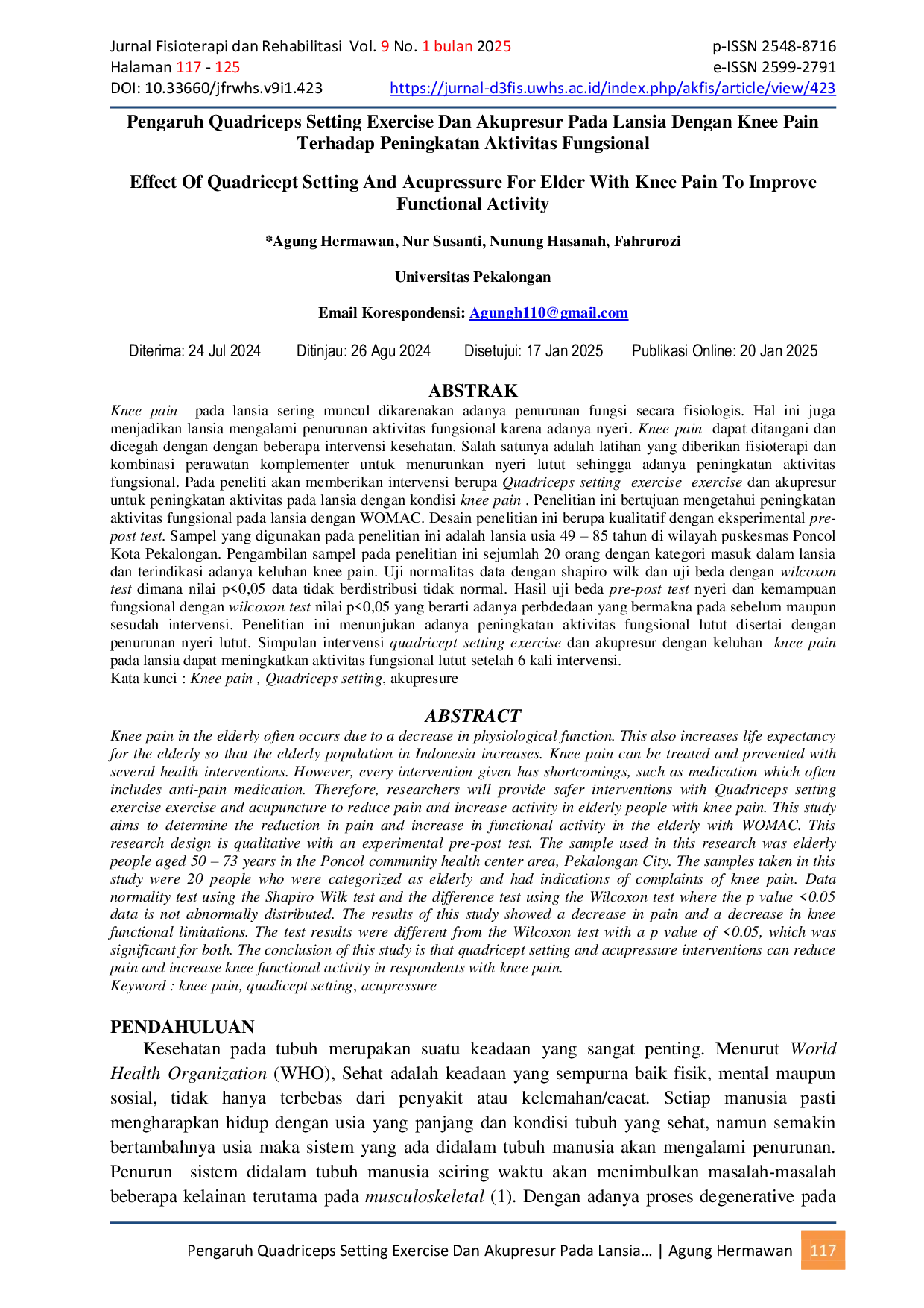 JURIS Pengaruh Quadriceps Setting Exercise Dan Akupresur Pada Lansia Dengan Knee Pain Terhadap Peningkatan Aktivitas Fungsional
