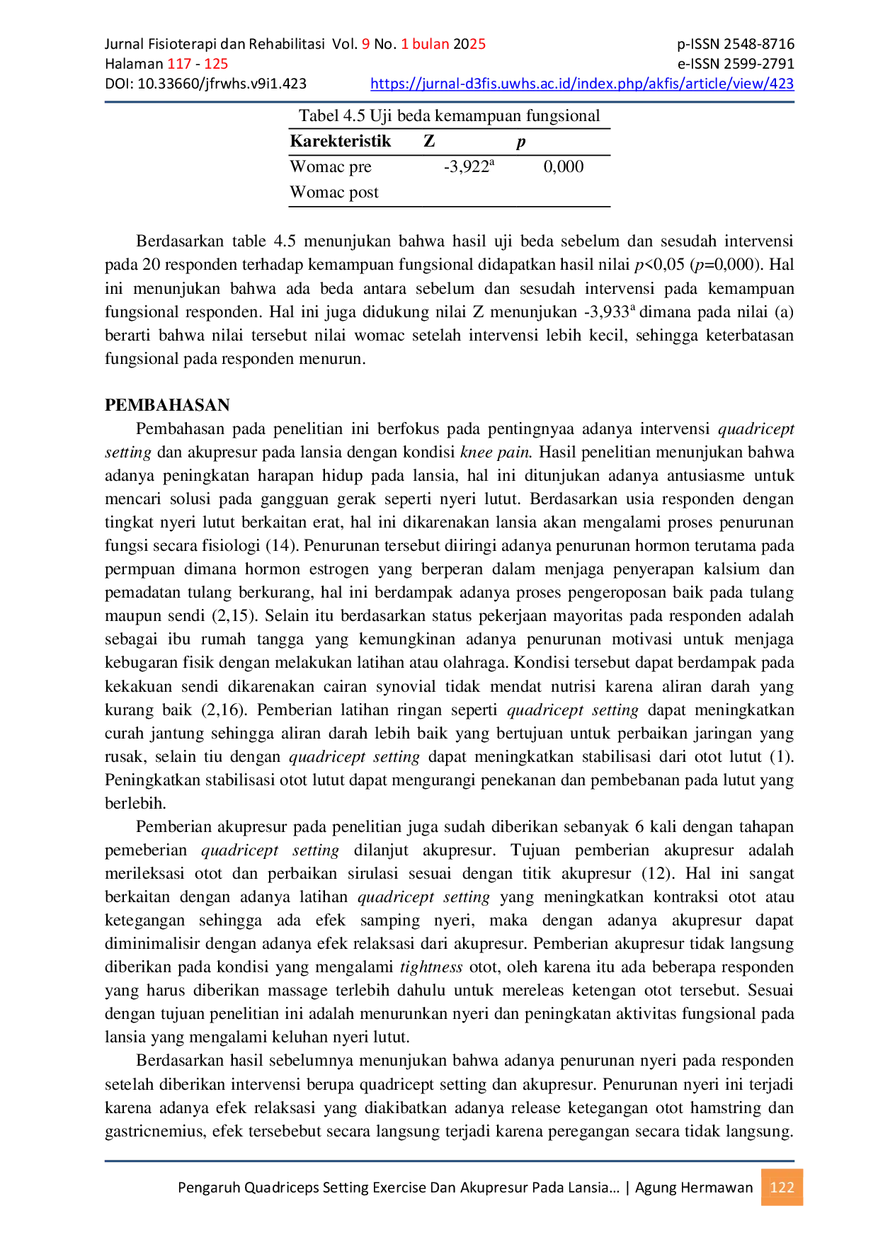 JURIS Pengaruh Quadriceps Setting Exercise Dan Akupresur Pada Lansia Dengan Knee Pain Terhadap Peningkatan Aktivitas Fungsional