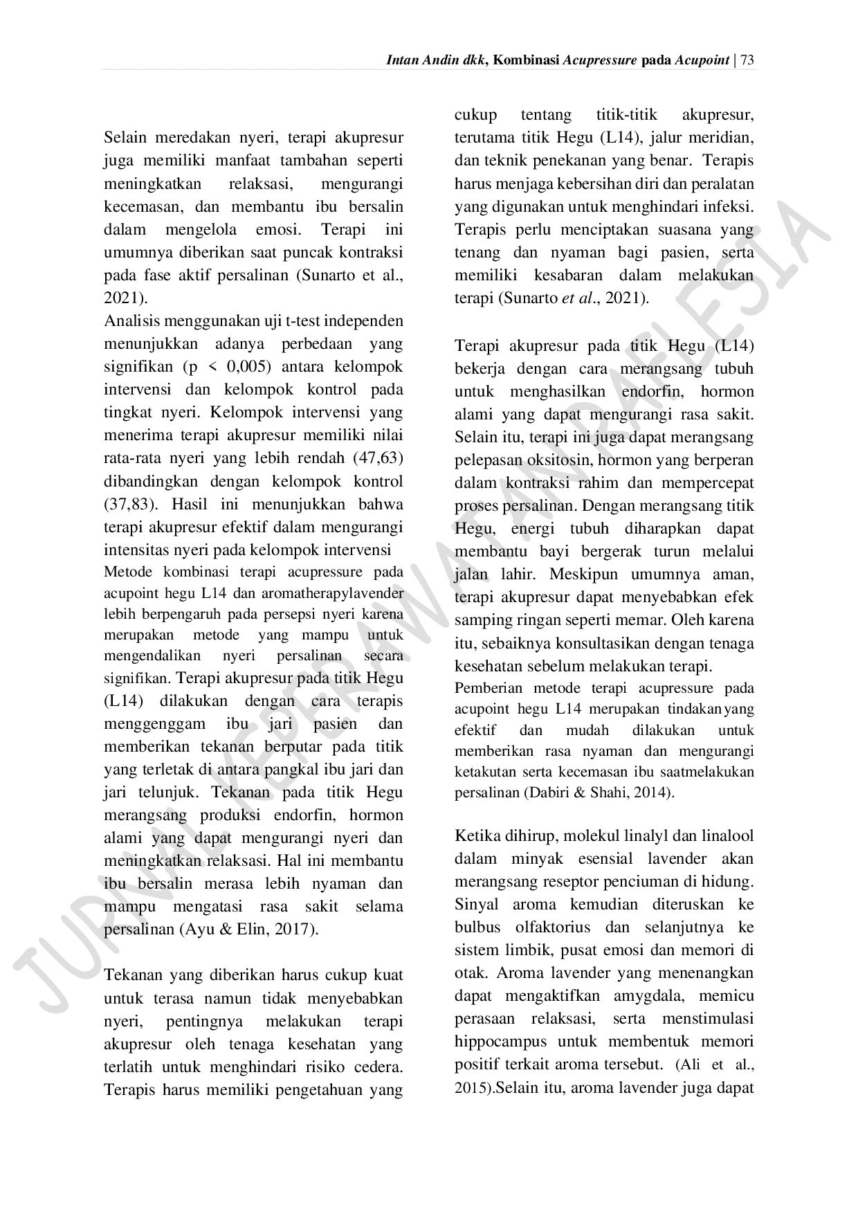 JURIS Combination of Acupressure on Acupoint Hegu L14 and Lavender Aromatherapy on Pain Perception in First Period Labour Mothers Acupressure pada Acupoint Hegu L14