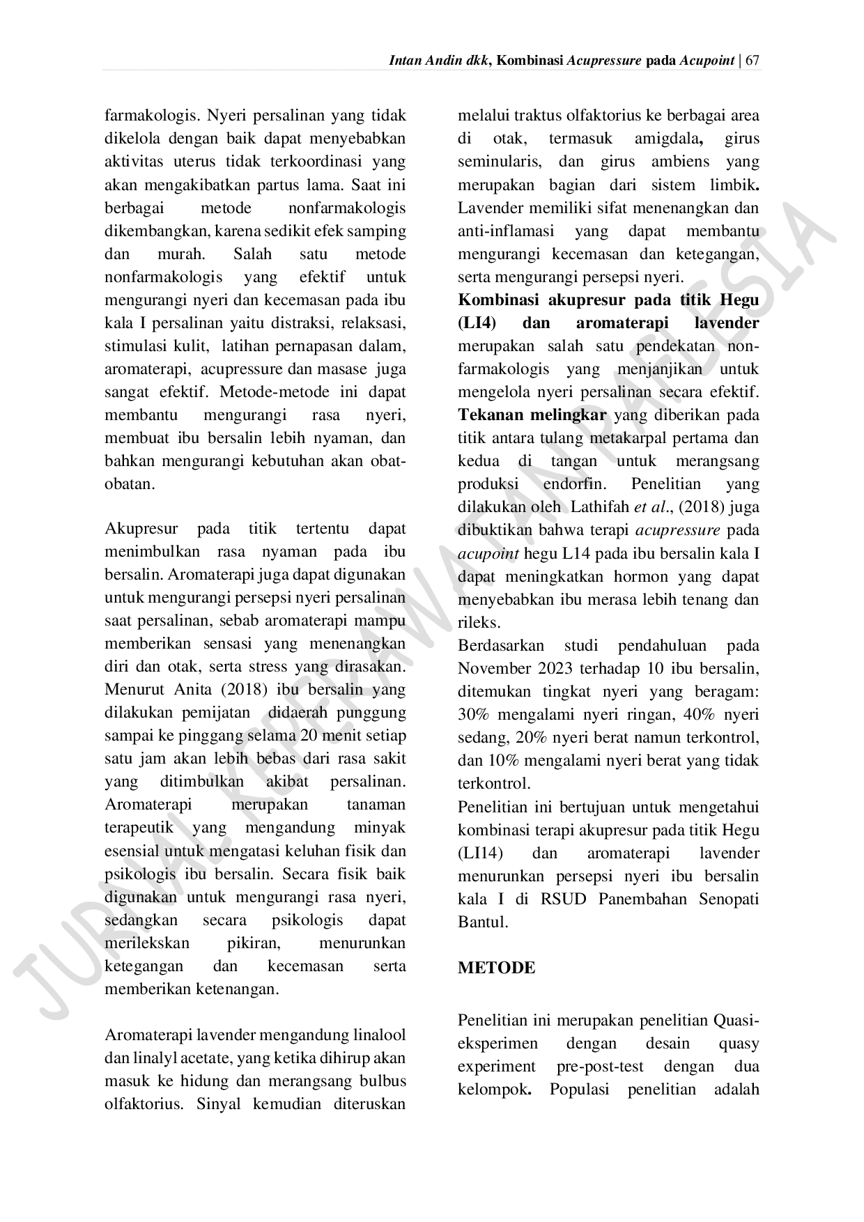 JURIS Combination of Acupressure on Acupoint Hegu L14 and Lavender Aromatherapy on Pain Perception in First Period Labour Mothers Acupressure pada Acupoint Hegu L14
