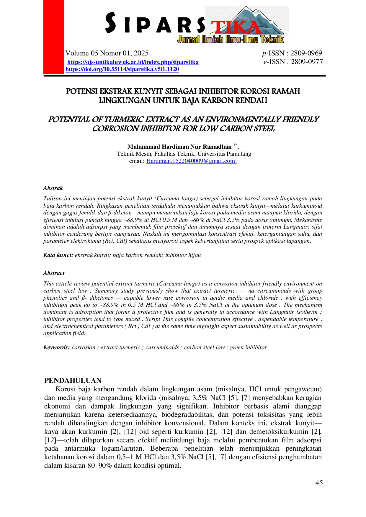 JURIS Potensi Ekstrak Kunyit Sebagai Inhibitor Korosi Ramah Lingkungan Untuk Baja Karbon Rendah