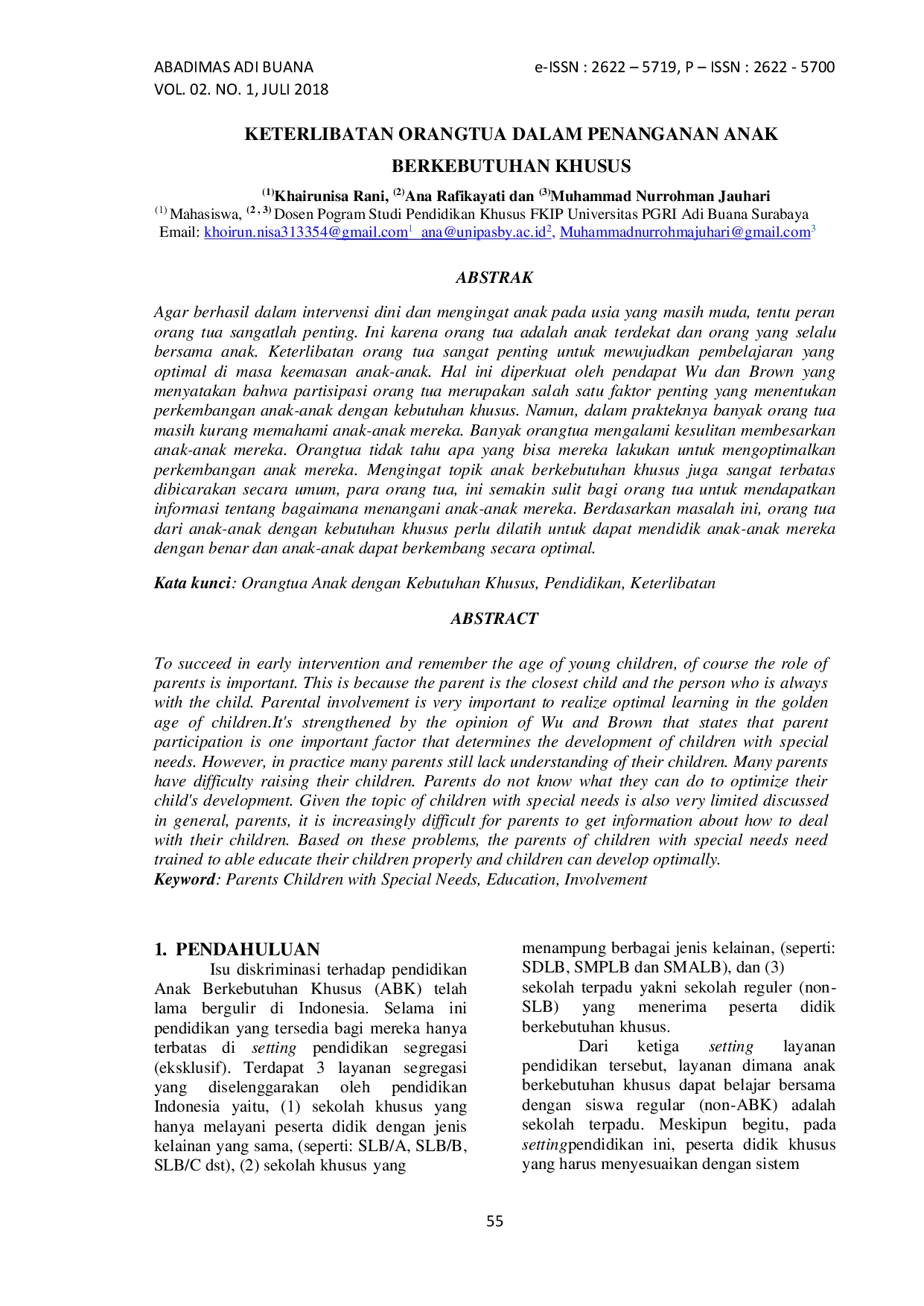 JURIS Keterlibatan Orangtua Dalam Penanganan Anak Berkebutuhan Khusus