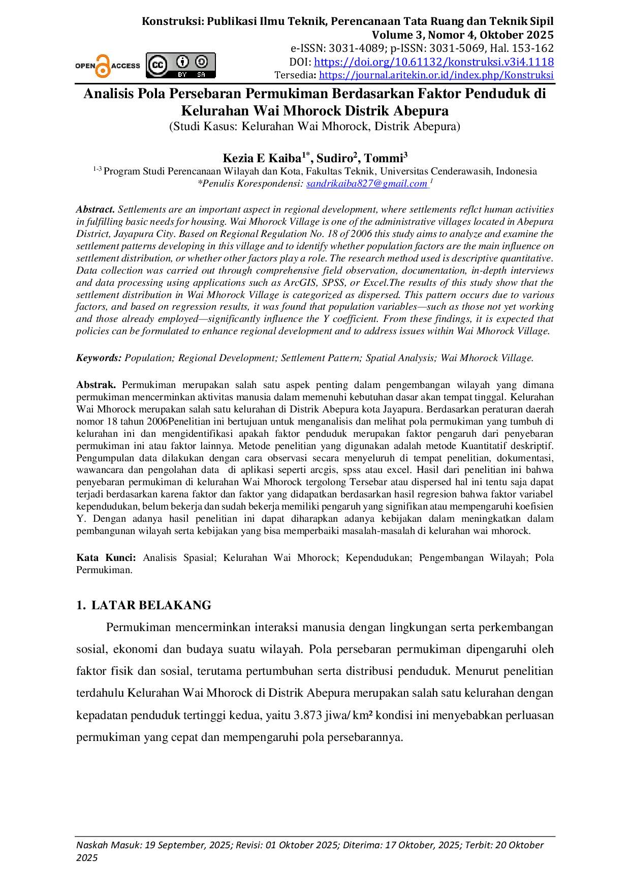 JURIS Analisis Pola Persebaran Permukiman Berdasarkan Faktor Penduduk di Kelurahan Wai Mhorock Distrik Abepura Studi Kasus Kelurahan Wai Mhorock Distrik Abepura