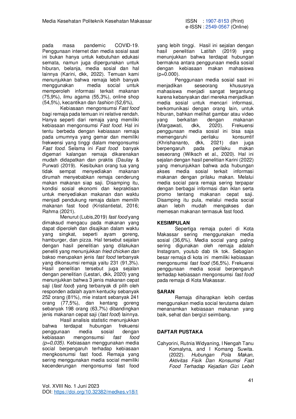 JURIS Penggunaan Media Sosial dan Kebiasaan Mengonsumsi Fast Food pada Remaja di Kota Makassar