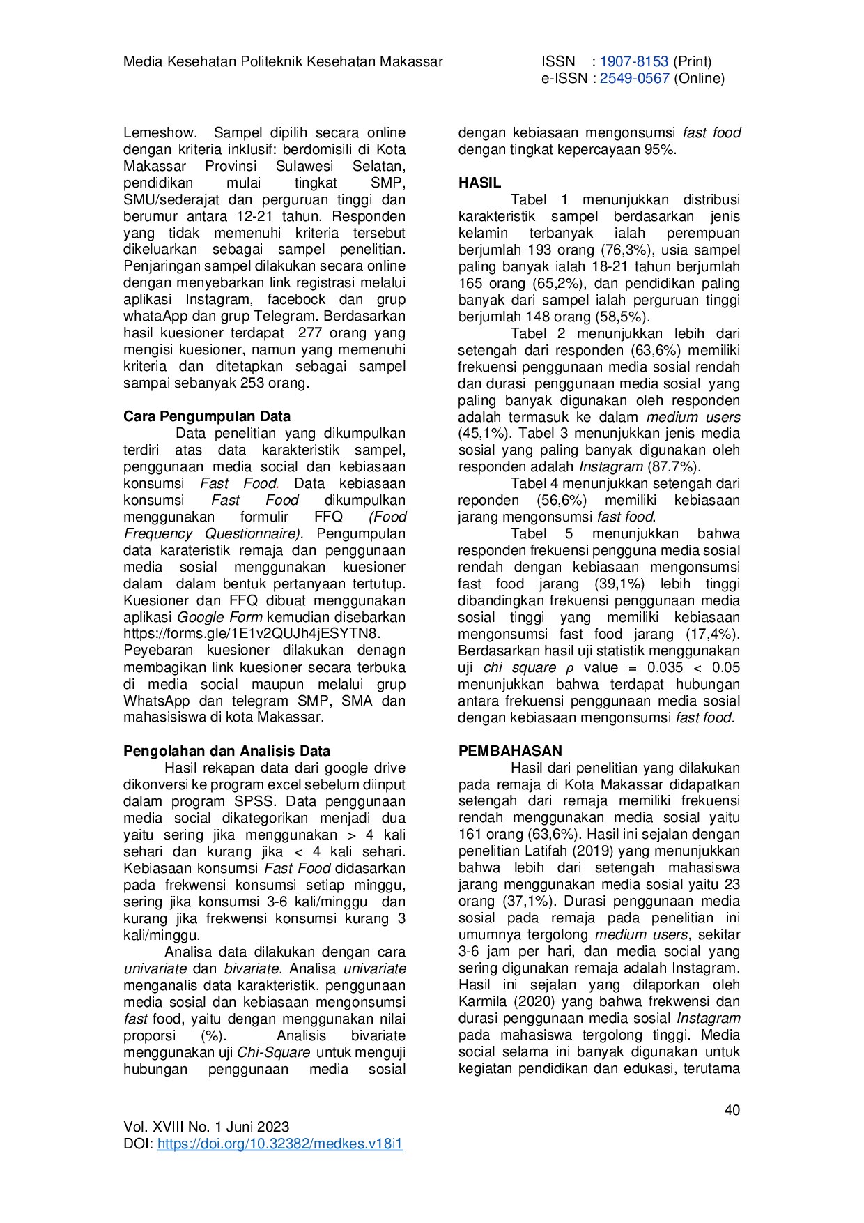 JURIS Penggunaan Media Sosial dan Kebiasaan Mengonsumsi Fast Food pada Remaja di Kota Makassar