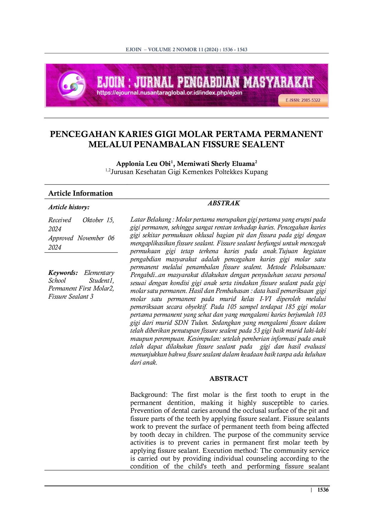 JURIS Pencegahan Karies Gigi Molar Pertama Permanen Melalui Penambalan Fissure Sealent