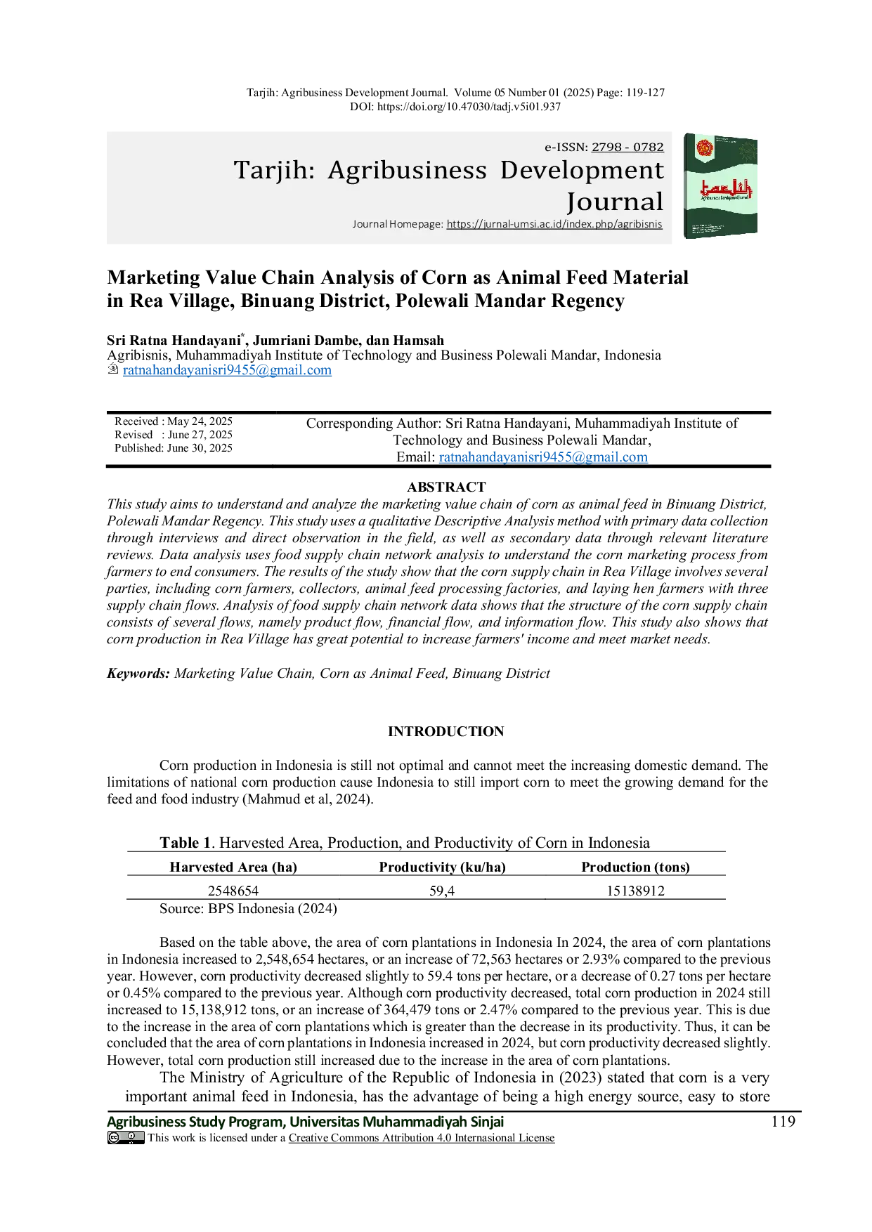 JURIS Marketing Value Chain Analysis of Corn as Animal Feed Material in Rea Village Binuang District Polewali Mandar Regency