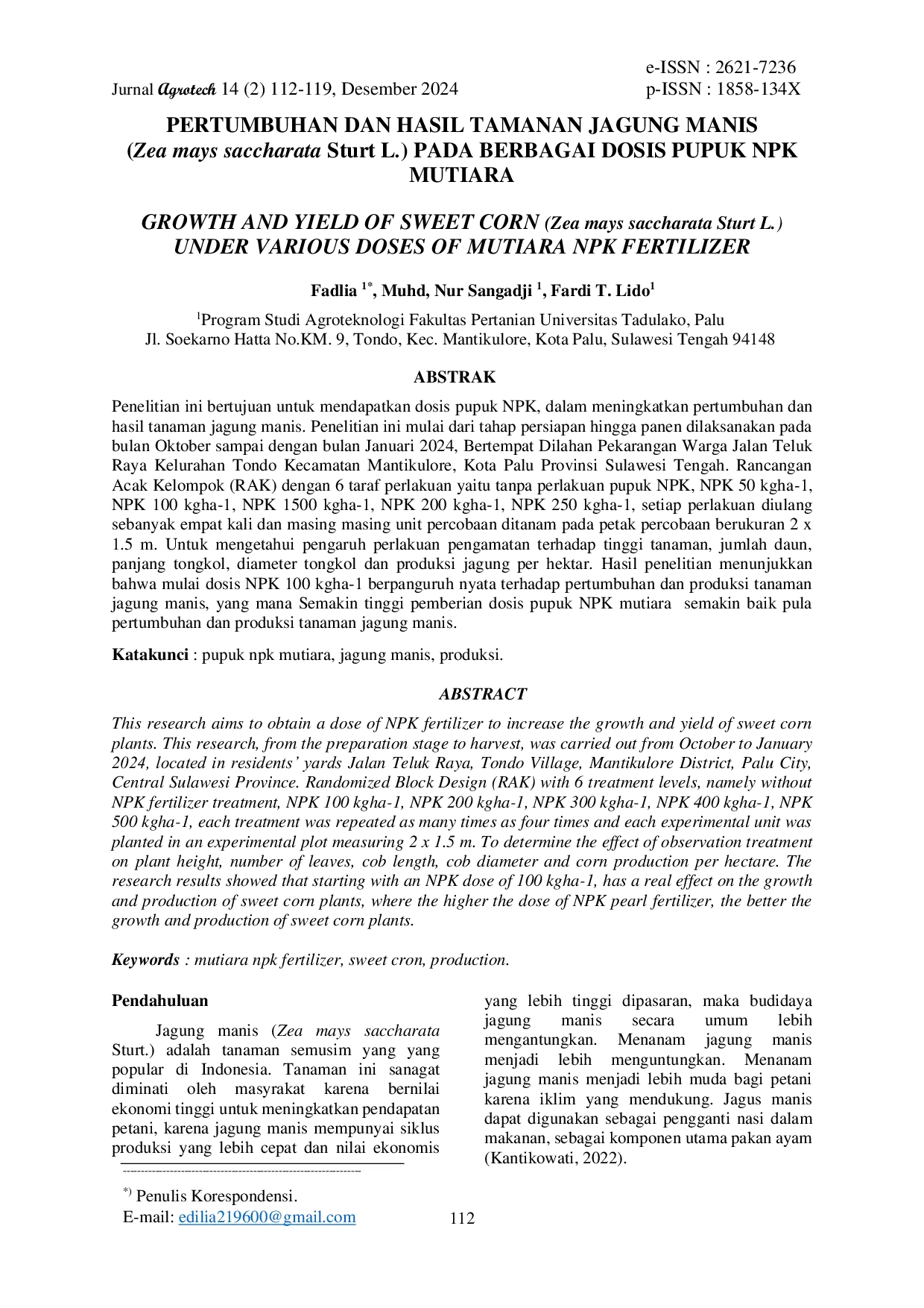 JURIS Pertumbuhan dan Hasil Tanaman Jagung Manis Pada Berbagai Dosis Pupuk NPK Mutiara