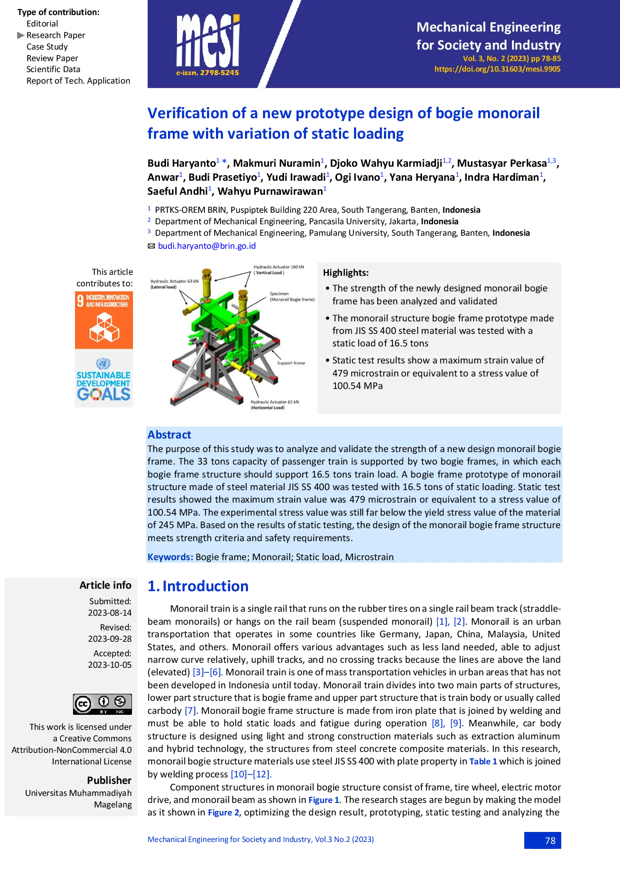 JURIS Verification Of A New Prototype Design Of Bogie Monorail Frame With Variation Of Static Loading