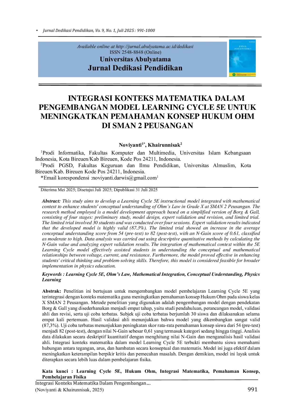 JURIS Integrasi Konteks Matematika Dalam Pengembangan Model Learning Cycle 5E Untuk Meningkatkan Pemahaman Konsep Hukum Ohm Di SMAN 2 Peusangan