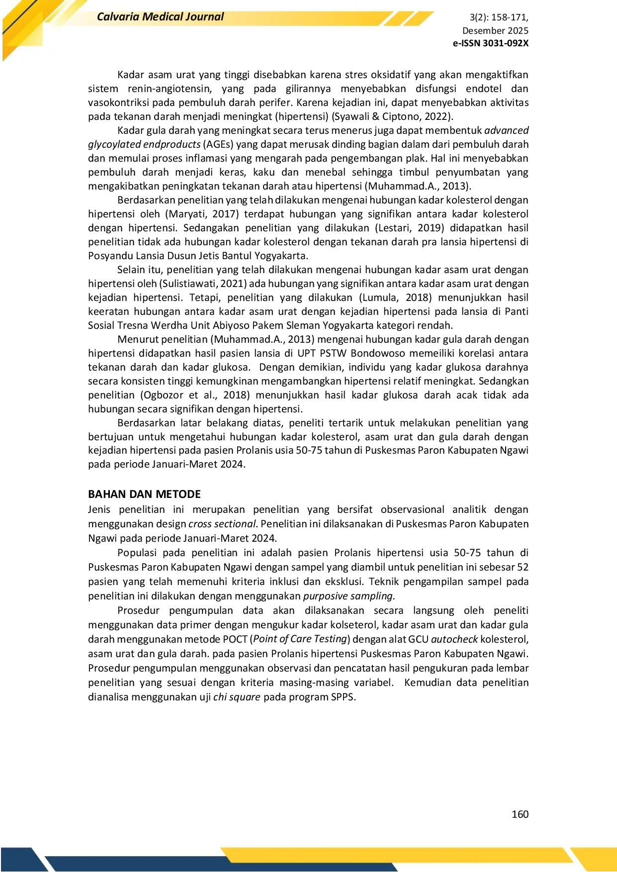 JURIS Hubungan Kadar Kolesterol Asam Urat dan Gula Darah dengan Kejadian Hipertensi pada Pasien Prolanis Usia 50 75 Tahun di Puskesmas Paron