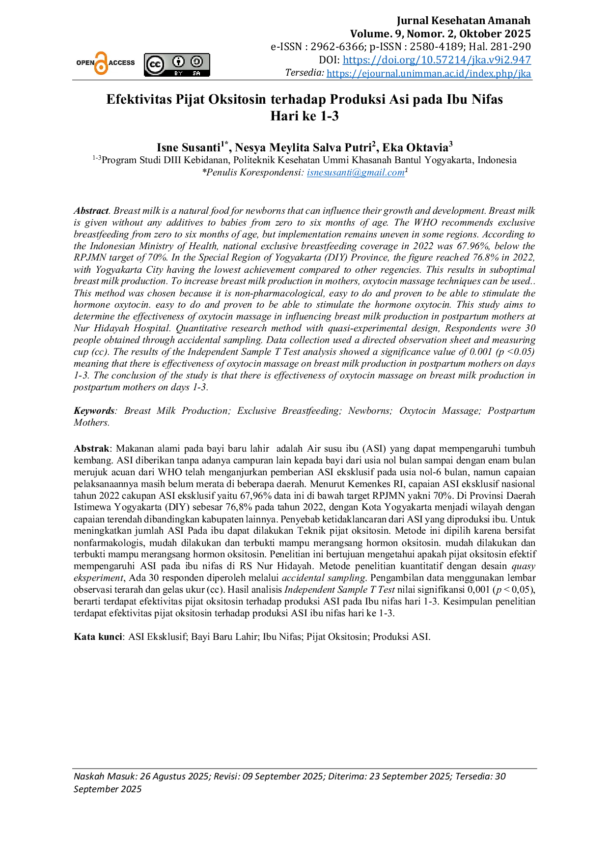 JURIS Efektivitas Pijat Oksitosin Terhadap Produksi Asi Pada Ibu Nifas Hari Ke 1 3
