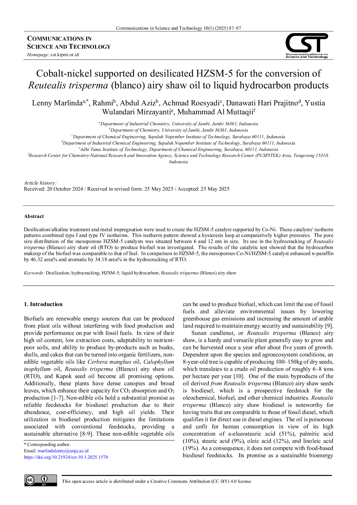 JURIS Cobalt nickel supported on desilicated HZSM 5 for the conversion of Reutealis trisperma blanco airy shaw oil to liquid hydrocarbon products