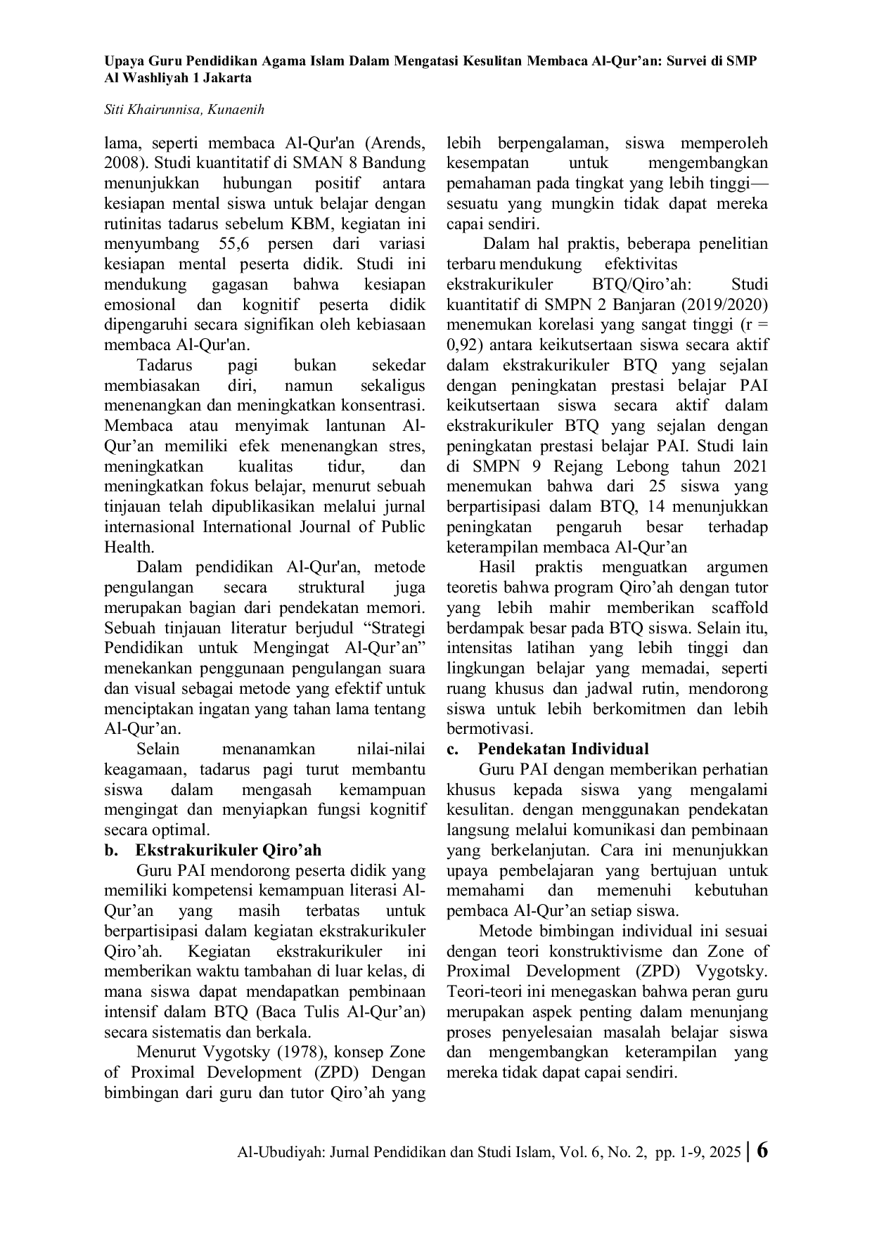 JURIS Upaya Guru Pendidikan Agama Islam dalam Mengatasi Kesulitan Membaca Al Qur an Survei di SMP Al Washliyah 1 Jakarta