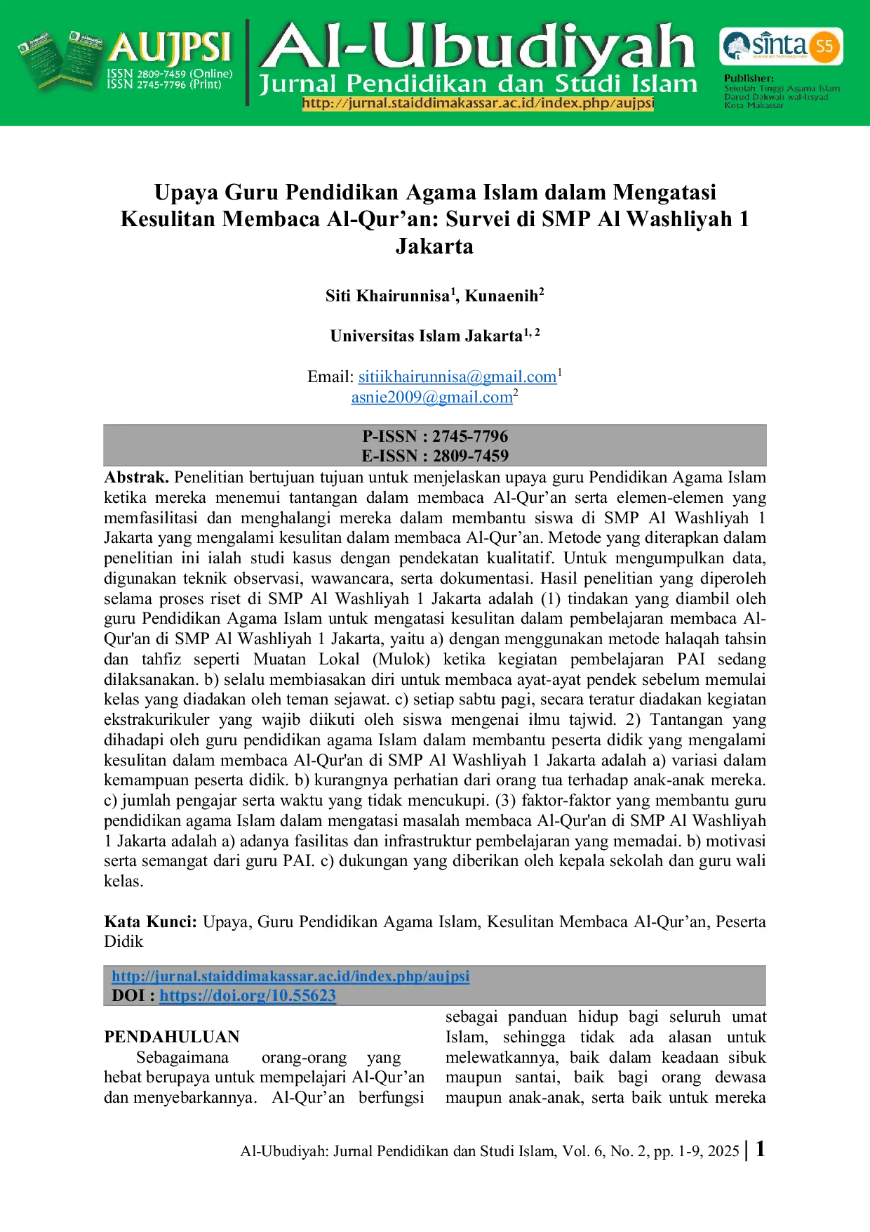 JURIS Upaya Guru Pendidikan Agama Islam dalam Mengatasi Kesulitan Membaca Al Qur an Survei di SMP Al Washliyah 1 Jakarta