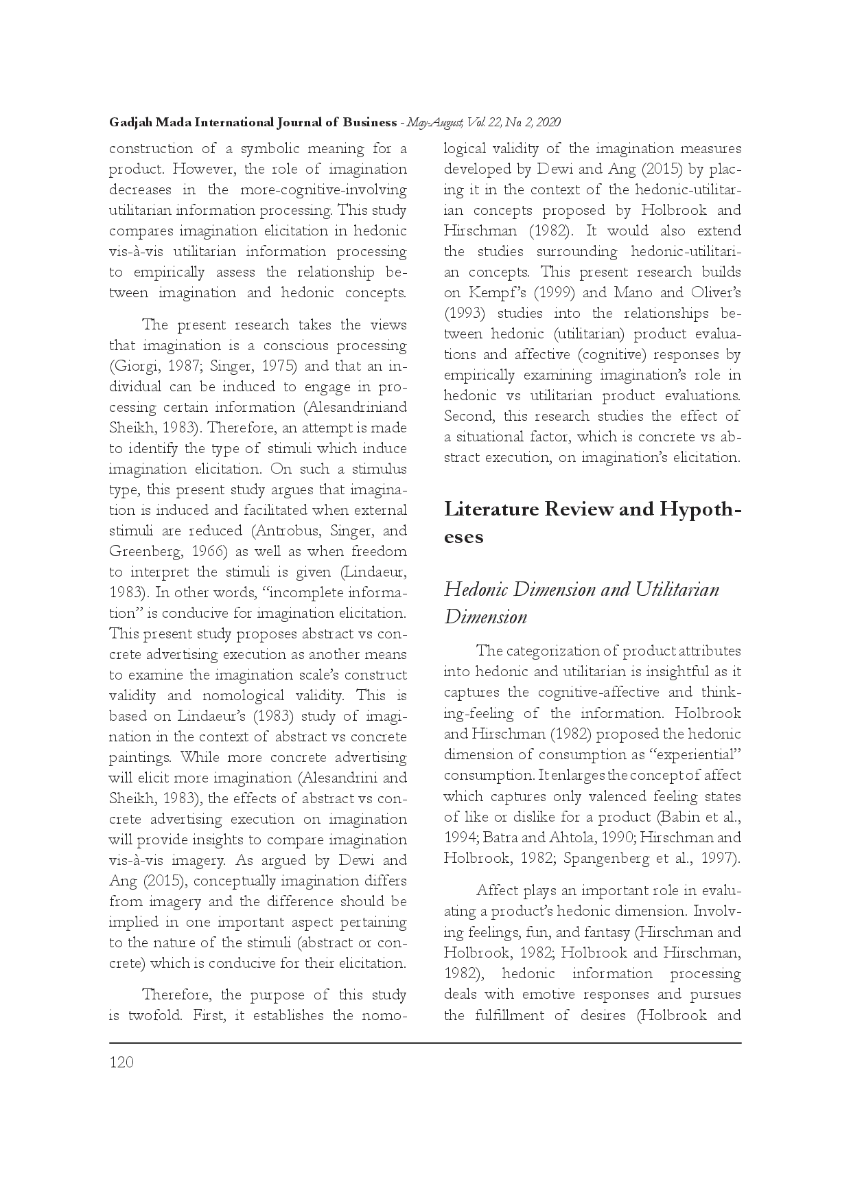 juris Assessing the Imagination Scale s Nomological Validity Effect of Hedonic versus Utilitarian Product Types and Abstract versus Concrete Advertising Execution