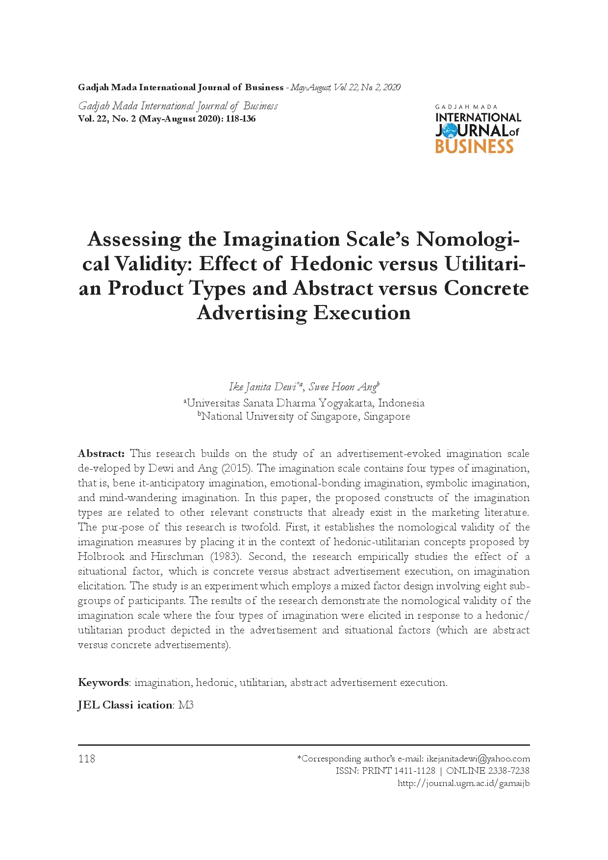 juris Assessing the Imagination Scale s Nomological Validity Effect of Hedonic versus Utilitarian Product Types and Abstract versus Concrete Advertising Execution