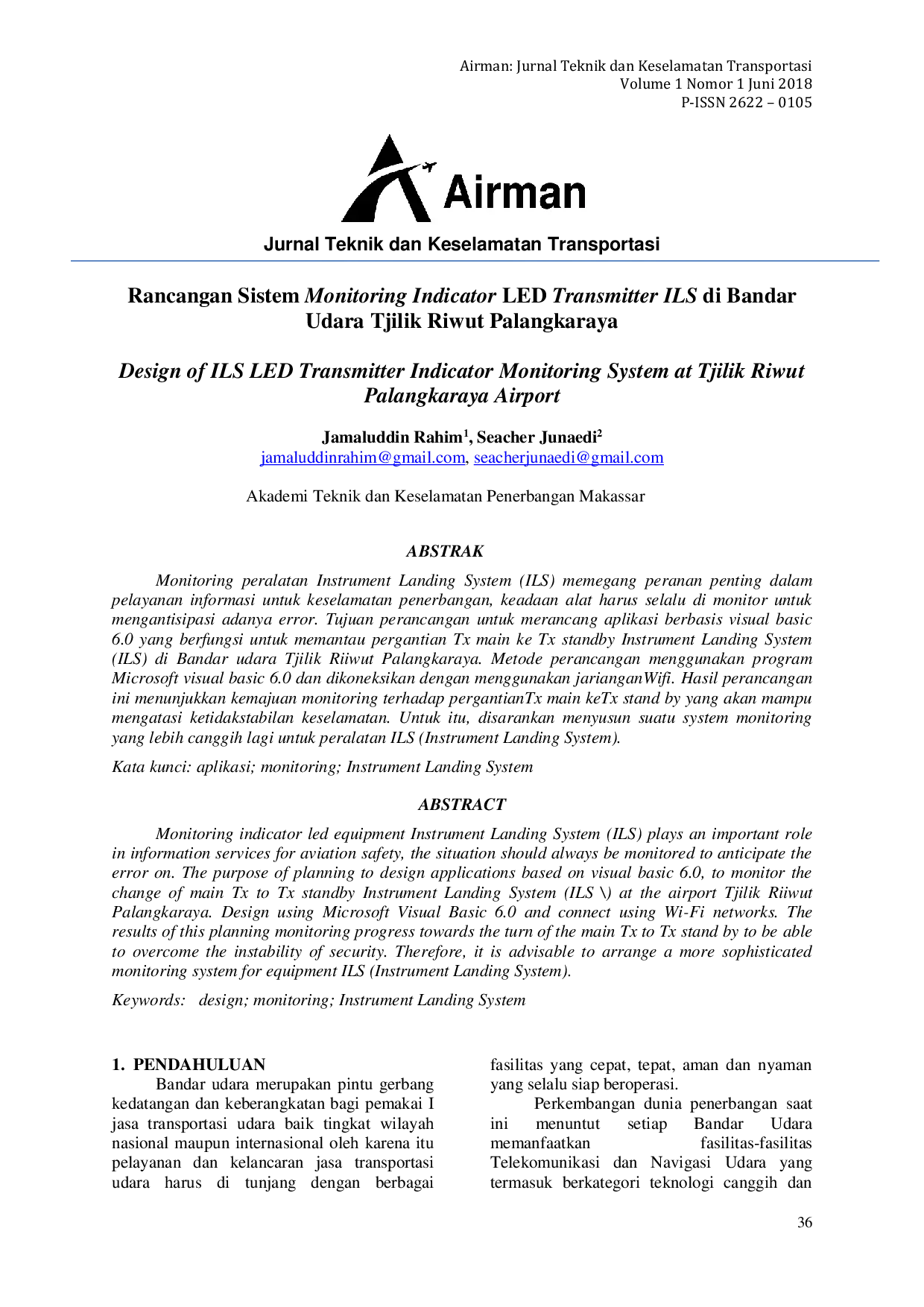 JURIS Design of ILS LED Transmitter Indicator Monitoring System at Tjilik Riwut Palangkaraya Airport