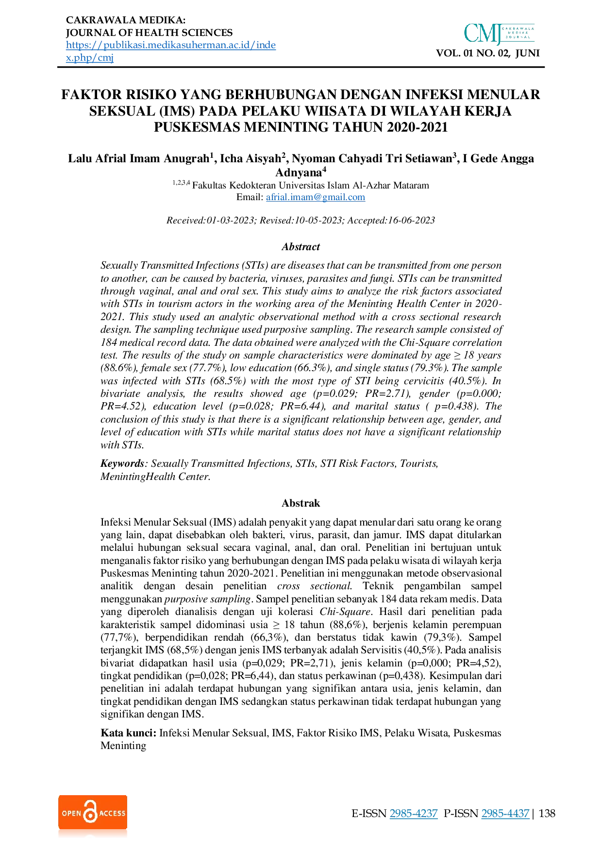 JURIS Faktor Risiko Yang Berhubungan Dengan Infeksi Menular Seksual IMS Pada Pelaku Wiisata Di Wilayah Kerja Puskesmas Meninting Tahun 2020 2021