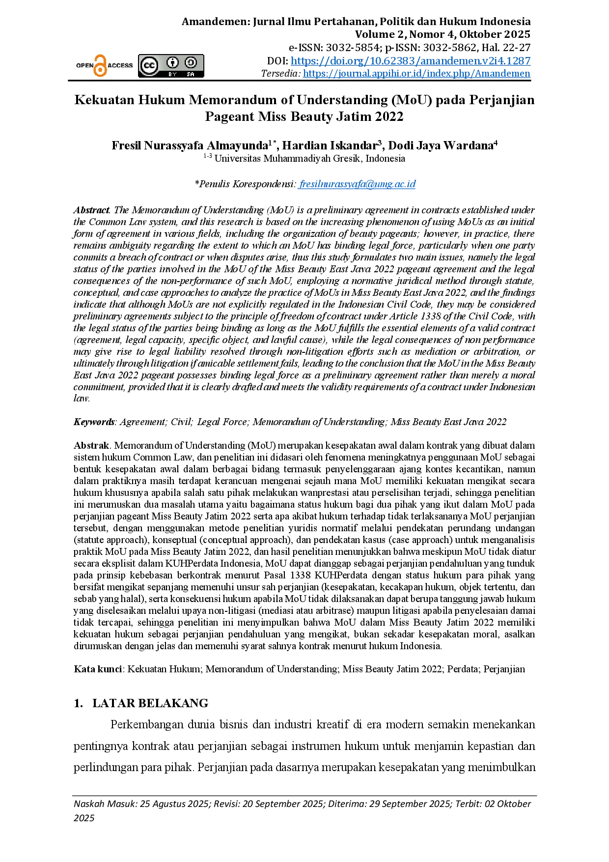 juris Kekuatan Hukum Memorandum of Understanding MoU pada Perjanjian Pageant Miss Beauty Jatim 2022