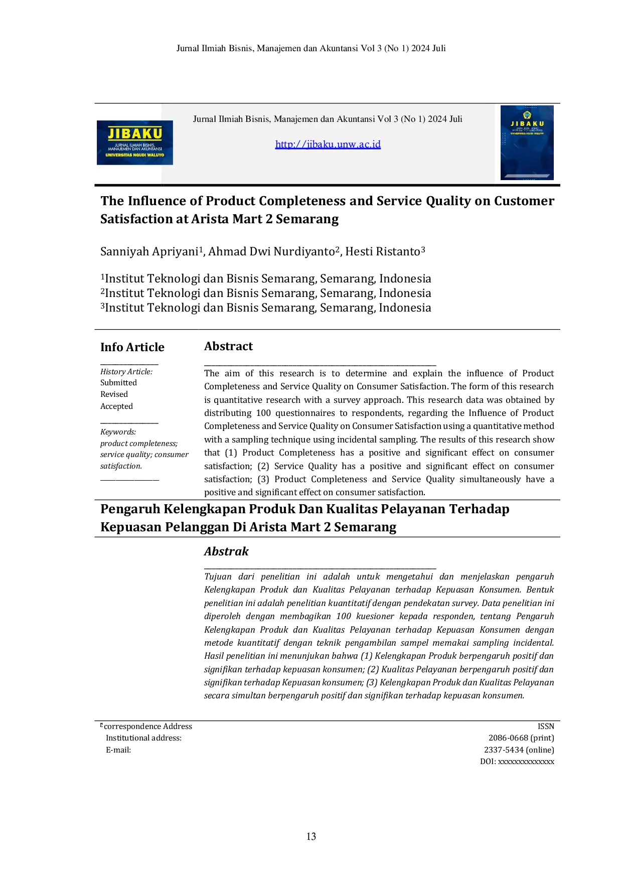 JURIS Pengaruh Kelengkapan Produk dan Kualitas Pelayanan terhadap Kepuasan Pelanggan di Arista Mart 2 Semarang