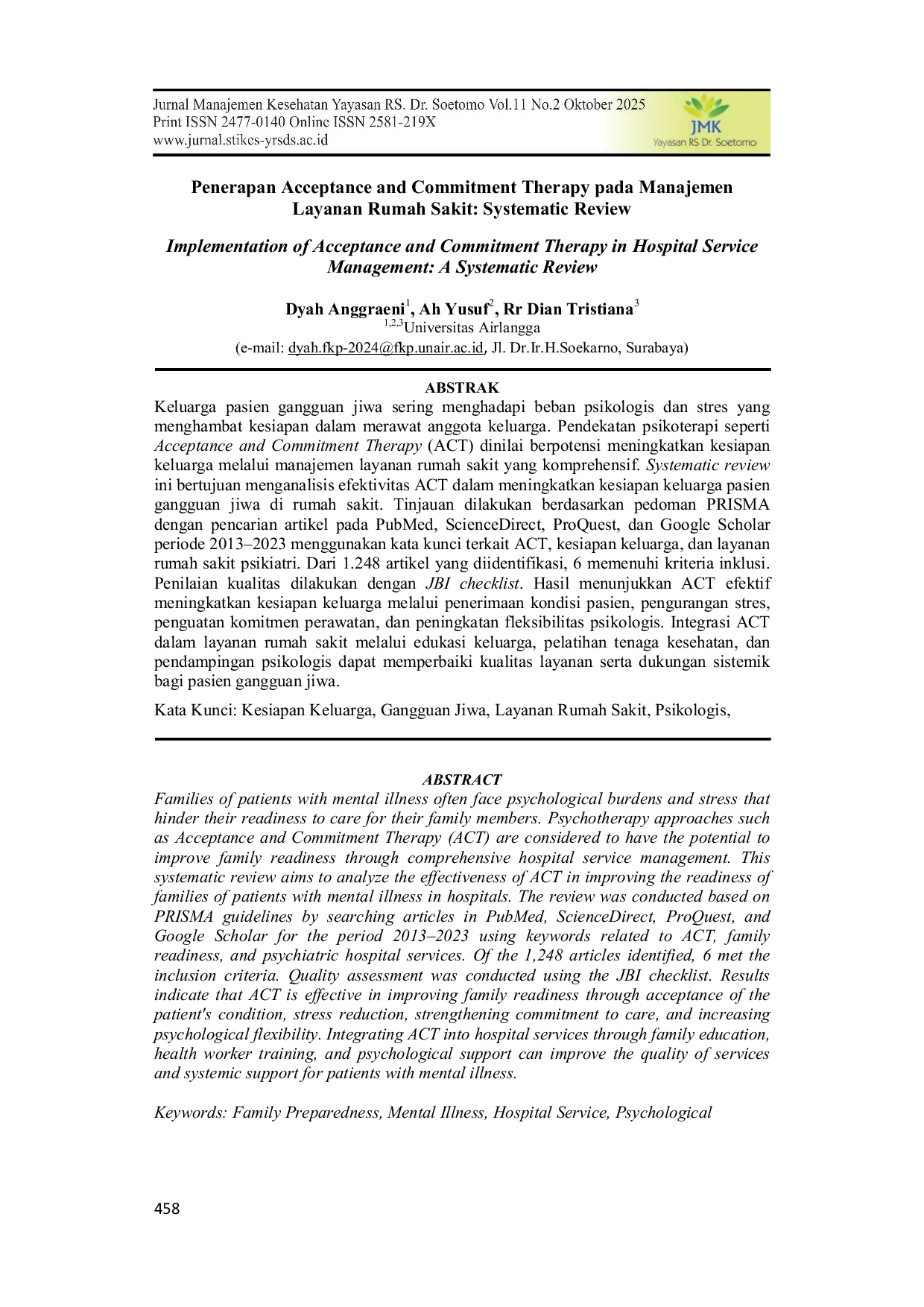 JURIS Penerapan Acceptance and Commitment Therapy pada Manajemen Layanan Rumah Sakit Systematic Review
