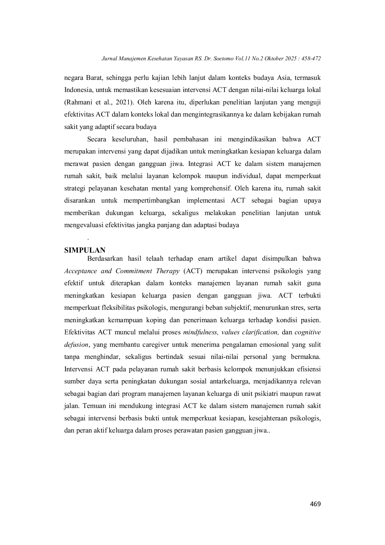 JURIS Penerapan Acceptance and Commitment Therapy pada Manajemen Layanan Rumah Sakit Systematic Review