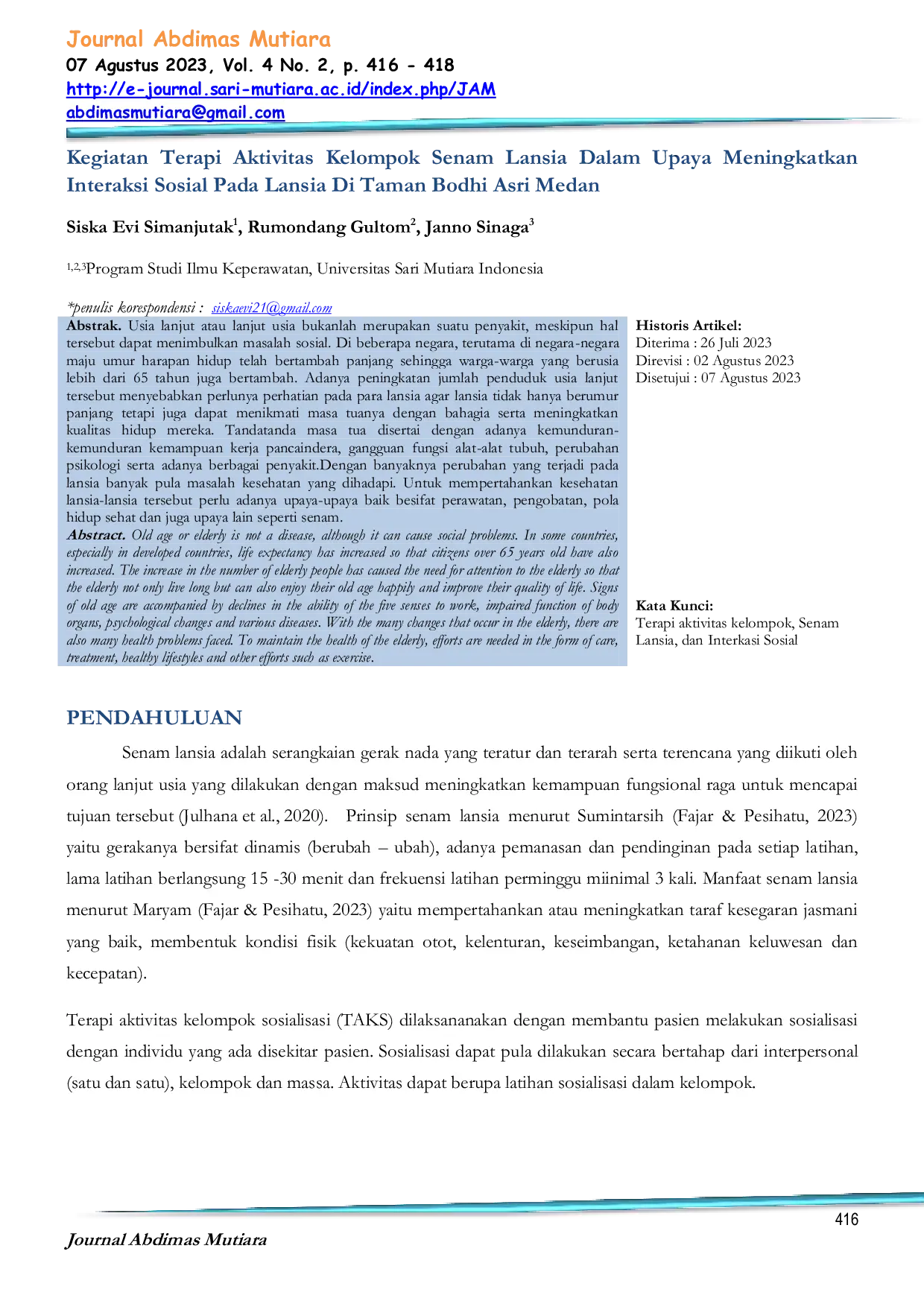 JURIS Kegiatan Terapi Aktivitas Kelompok Senam Lansia Dalam Upaya Meningkatkan Interaksi Sosial Pada Lansia Di Taman Bodhi Asri Medan