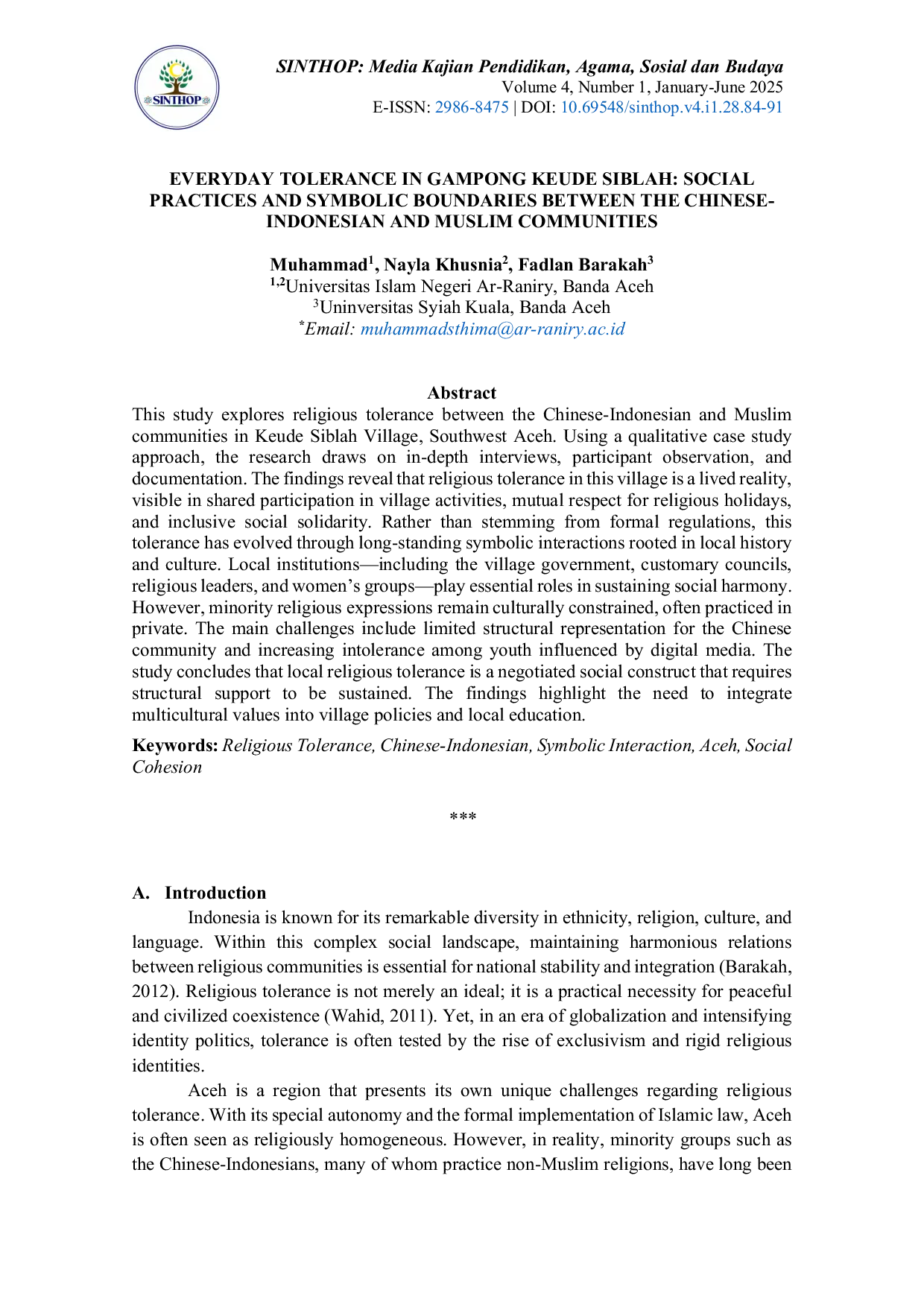 JURIS Everyday Religious Tolerance in Gampong Keude Siblah Social Practices and Symbolic Boundaries between Chinese Indonesian and Muslim Communities