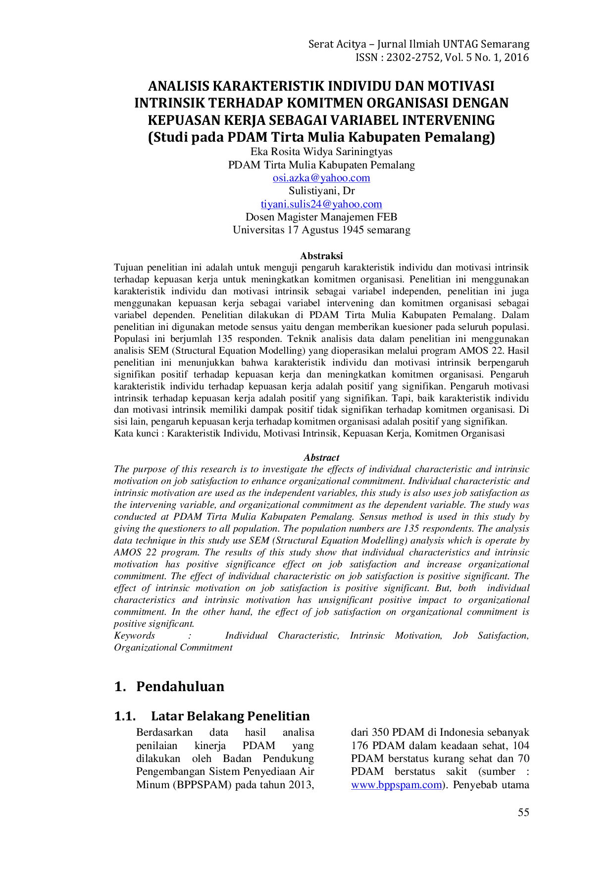 JURIS ANALISIS KARAKTERISTIK INDIVIDU DAN MOTIVASI INTRINSIK TERHADAP KOMITMEN ORGANISASI DENGAN KEPUASAN KERJA SEBAGAI VARIABEL INTERVENING Studi pada PDAM Tirta Mulia Kabupaten Pemalang
