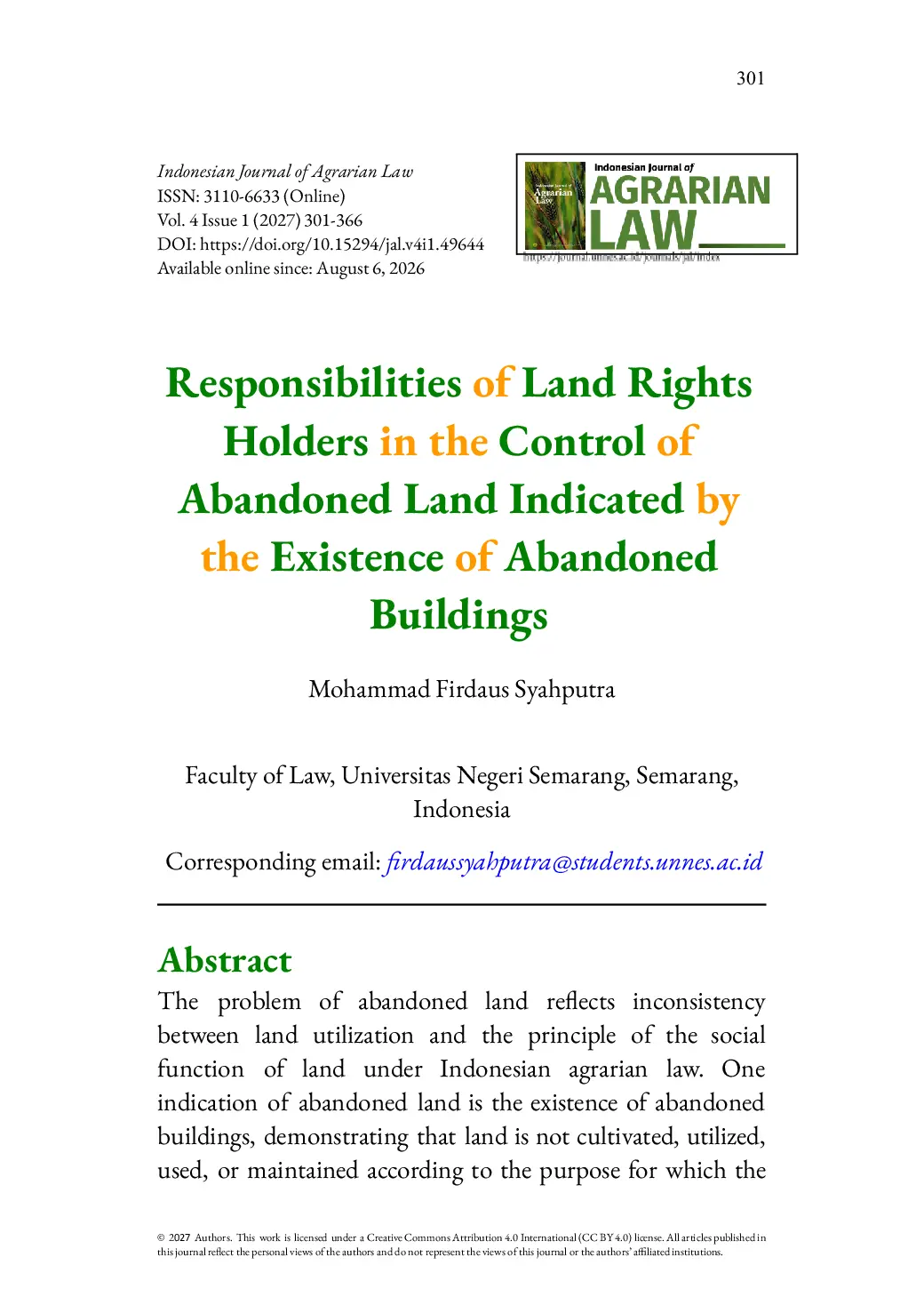 JURIS Responsibilities of Land Rights Holders in the Control of Abandoned Land Indicated by the Existence of Abandoned Buildings
