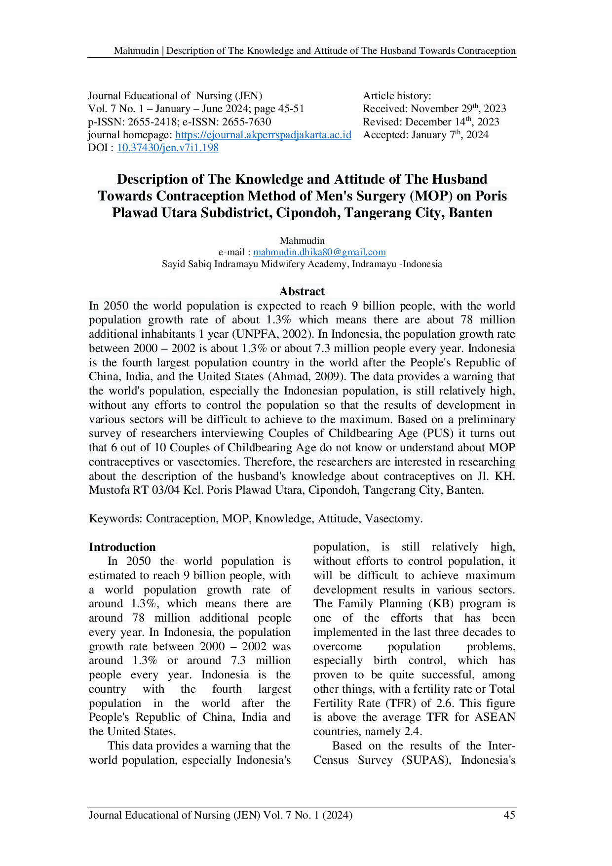 JURIS Description of The Knowledge and Attitude of The Husband Towards Contraception Method of Men s Surgery MOP on Poris Plawad Utara Subdistrict Cipondoh Tangerang City Banten