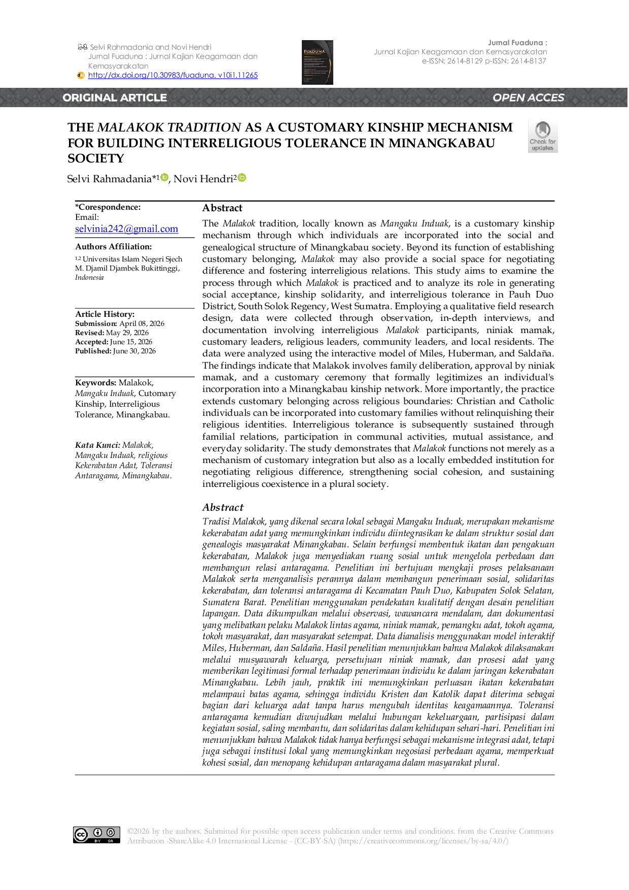 JURIS The Malakok Tradition as a Customary Kinship Mechanism for Building Interreligious Tolerance in Minangkabau Society