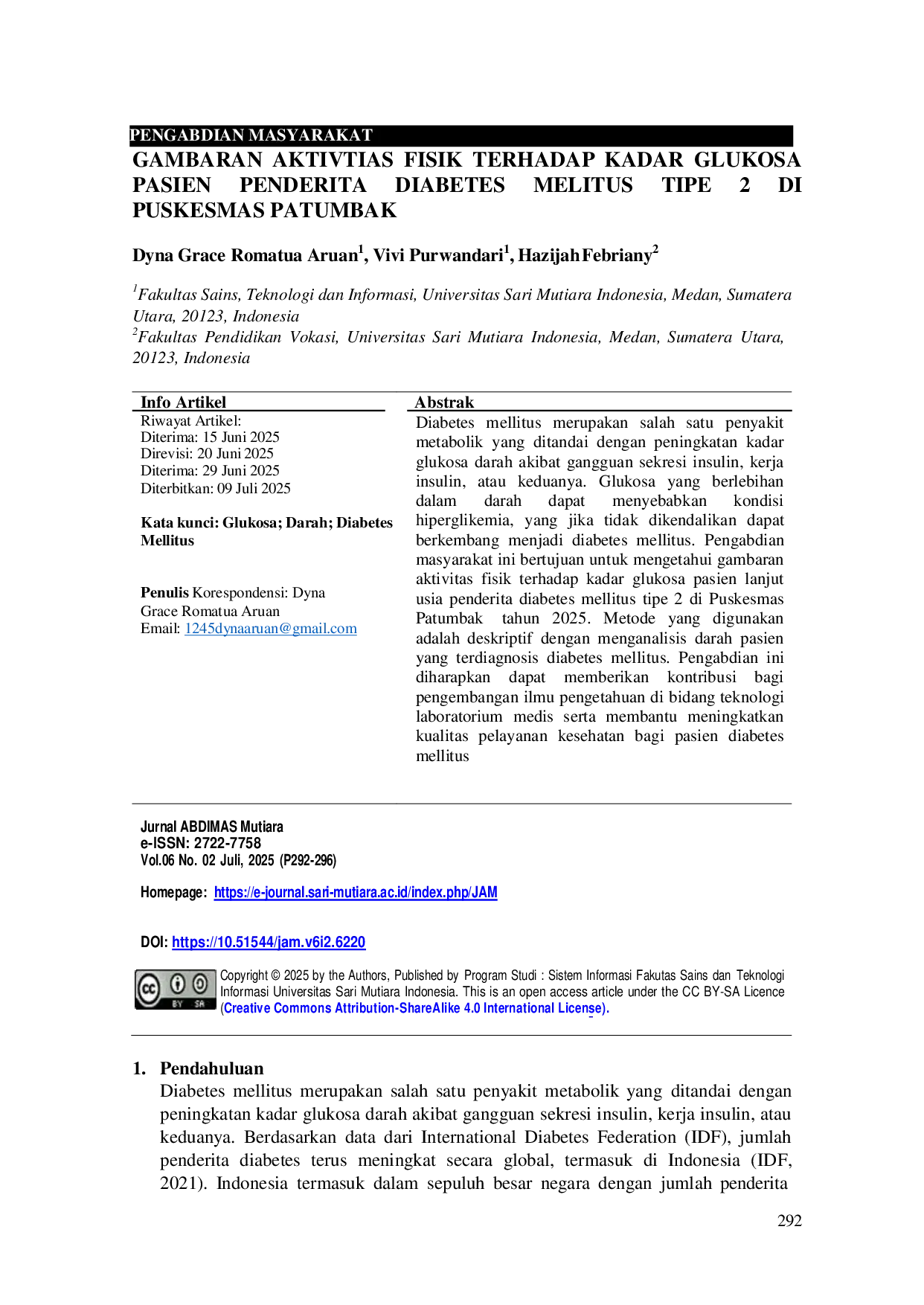 JURIS Pengabdian Masyarakat Gambaran Aktivitas Fisik Terhadap Kadar Glukosa Di Pasien Penderita Diabetes Mellitus Tipe 2 Puskesmas Patumbak