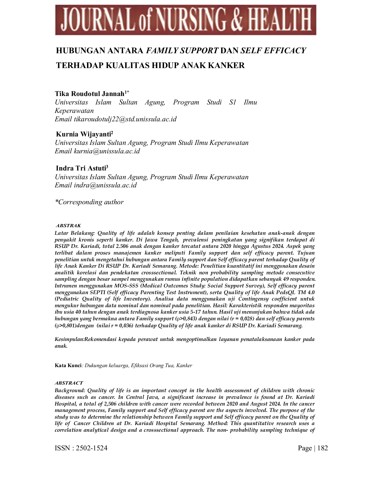 JURIS HUBUNGAN ANTARA FAMILY SUPPORT DAN SELF EFFICACY TERHADAP KUALITAS HIDUP ANAK KANKER